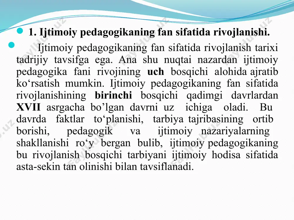 712 — 1778) ulkan hissa qo‘shgan. u huquqiy, diniy va tabiiy rivojlanish asosiga qurilgan tabiatan shakllangan tarbiya g‘oyalarini ilgari suradi. rus qomusiy olimi va pedagogi m. v. lomonosov (171 1 — 1765) uz “reglamentlar”ida tarbiyaning xalqparvar g‘oyalarini, insonga faol shaxs sifatida yondashuvni hamda bolada axloqiy sifatlarini shakllantirishning o‘ta muhimligini bayon etgan. yangi ijtimoiy pedagogik g‘oyalar fransuz faylasufi va ma'rifatparvari klod adriana gelvetsiy (1715 — 1771) ishlarida ham tilga olingan bulib, ular tarbiya omillari hisoblanmish muhit va pedagogik ta'sir hamda shaxs va jamiyat manfaatlarining birligi masalalaridir. xix asrda ijtimoiy pedagogikaning asosiy yo‘nalishlari quyidagilardan iborat bo‘lgan. 1) ijgimoiy pedagogikaning nazariy asoslari ishlab chiqilgan. bu uning fan sifatida paydo bo‘lishiga olib kelgan; 2 ) ta'lim sohasidagi ijtimoiy pedagogik faoliyat vujudga kelgan. bu yerda ijtimoiy pedagogik ta'lim, tarbiya maqsadi va xarakteri, ta'siri haqida ran bormoqda; 3) ijtimoiy pedagogika faoliyat doirasining kengayishi ro‘y bergan. “nochor” va tanlab olingan bolalar bilan bir qatorda, katta yoshdagilar bilan …