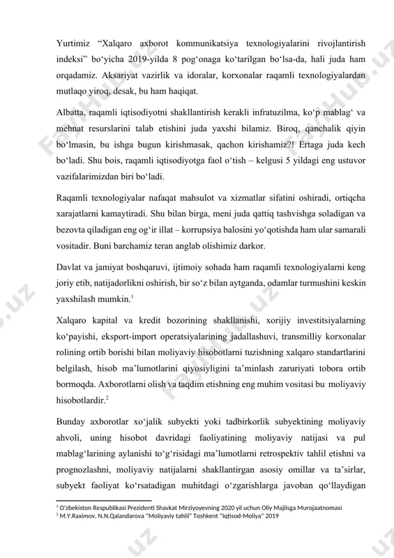 ntirishi lozim. har bir korxona moliyaviy tahlil asosida nafaqat raqobat sharoitida yashab qolish, balki foydali biznesni tashkil qilishga imkon beruvchi xo‘jalik faoliyati boshqaruvini tashkil qiladi yoki ertami-kechmi uning raqobatchilari bozorni egallab oladi va korxona o‘z faoliyatini to‘xtatishga majbur bo‘ladi. bozor tamoyillari asosida ishlab chiqilgan moliyaviy tahlil tizimi bankrotlik haqida ogohlantirish va uni bartaraf etishning kuchli vositasi hisoblanadi. iqtisodiy munosabatlarning globallashuvi sharoitida korxonalar boshqaruvida moliyaviy tahlilning o‘rni hamda ahamiyati tobora ortib bormoqda. moliyaviy tahlilning nazariy-uslubiy asoslari xo‘jalik yurituvchi subyektlar faoliyatini o‘rganish va tahlil etish orqali ularning samarali faoliyatini yo‘lga qo‘yish va uni o‘stirish imkoniyatlarini baholashda, korxona ishlab chiqarish, tijorat va moliya faoliyatidan moliyaviy resurslarning kirimiga va ulardan moliyaviy holatni o‘stirishda foydalanish darajalariga, raqobatdoshlik, moliyaviy natijalarni kutilishini prognozlash va iqtisodiy rentabellikni xo‘jalik faoliyatining real imkoniyatlaridan kelib chiqqan holda oshirishning yo‘llarini belgilashga, moliyaviy resurslardan yanada samarali foydalanishning chora-tadbirlarini belgilashga ahamiyat qaratiladi. moliyaviy raqobatdoshlikka va to‘g‘ri moliyaviy siyosatni yuritishga korxona foydasini maksimallashtirish, kapital tarkibini …
