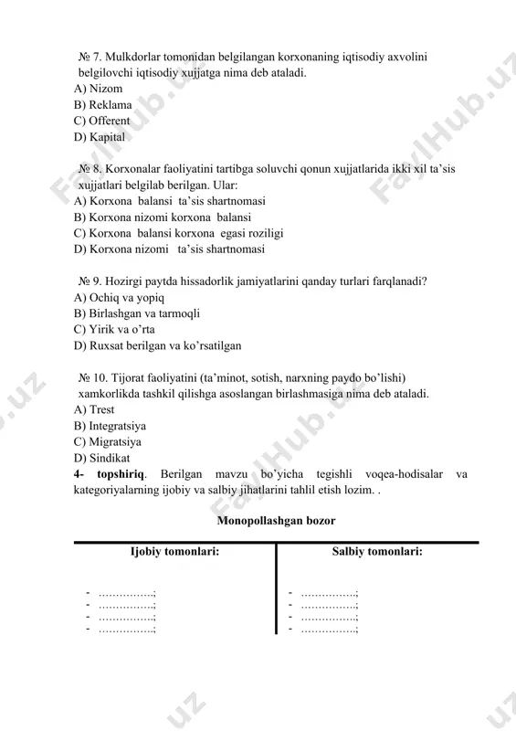 illari? a) farmoyish, nizom, qonun, standartlar b) rentabellik, nizom, ustamalar, standartlar c) farmoyish, foyda, tannarx, standartlar d) psixologik, sotsiologik, qonun, ijtimoiy № 5. bоshkaruvning ijtimoiy-psixiologik usuli omillari? a) psixologik, sotsiologik, mehnatidan qoniqish b) rentabellik, nizom, ustamalar, standartlar c) farmoyish, foyda, tannarx, standartlar d) psixologik, oylik, prezident qarorlari № 6. bоshkaruvning iqtisodiy usuli omillari? a) mukofotlar, narx, maosh, investitsiya b) rentabellik, nizom, ustamalar, standartlar c) farmoyish, foyda, tannarx, standartlar d) psixologik, oylik, nizomlar № 7. adaptiv boshqaruv...? a) atrof-muhitning o'zgaruvchan sharoitlariga moslashishga qaratilgan. b) kelajakda daromad olish uchun sarmoyani oqilona sarflash. c) innovatsiyalar, yangi texnologiyalar bilan ishlashni tashkil qilish d) moliyaviy boshqaruv maqsadlari va vazifalarini ishlab chiqish № 8. investitsiyalarni boshqarish...? a) kelajakda daromad olish uchun sarmoyani oqilona sarflash. b) atrof-muhitning o'zgaruvchan sharoitlariga moslashishga qaratilgan. c) innovatsiyalar, yangi texnologiyalar bilan ishlashni tashkil qilish d) moliyaviy boshqaruv maqsadlari va vazifalarini ishlab chiqish № 9. innovatsion boshqaruv...? a) innovatsiyalar, yangi texnologiyalar bilan ishlashni …