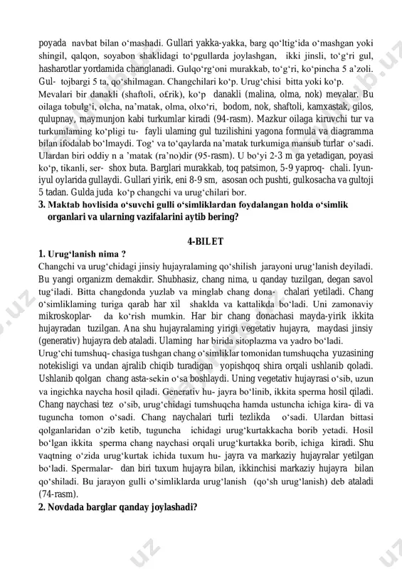 ydi. gullari yirik, eni 8-9 sm, asosan och pushti, gulkosacha va gultoji 5 tadan. gulda juda ko‘p changchi va urug‘chilari bor. 3. maktab hovlisida o‘suvchi gulli o‘simliklardan foydalangan holda o‘simlik organlari va ularning vazifalarini aytib bering? 4-bilet 1. urug‘lanish nima ? changchi va urug‘chidagi jinsiy hujayralaming qo‘shilish jarayoni urug‘lanish deyiladi. bu yangi organizm demakdir. shubhasiz, chang nima, u qanday tuzilgan, degan savol tug‘iladi. bitta changdonda yuzlab va minglab chang dona- chalari yetiladi. chang o‘simliklaming turiga qarab har xil shaklda va kattalikda bo‘ladi. uni zamonaviy mikroskoplar- da ko‘rish mumkin. har bir chang donachasi mayda-yirik ikkita hujayradan tuzilgan. ana shu hujayralaming yirigi vegetativ hujayra, maydasi jinsiy (generativ) hujayra deb ataladi. ulaming har birida sitoplazma va yadro bo‘ladi. urug‘chi tumshuq­ chasiga tushgan chang o‘simliklar tomonidan tumshuqcha yuzasining notekisligi va undan ajralib chiqib turadigan yopishqoq shira orqali ushlanib qoladi. ushlanib qolgan chang asta-sekin o‘sa boshlaydi. uning vegetativ hujayrasi o‘sib, uzun va ingichka naycha hosil …