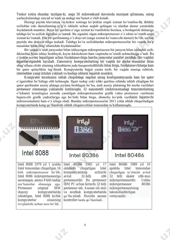 rilmalarni asosiy plataning korpus tashqarisiga chiqarilganrazyemlariga ham ulash mumkin. bunday qurilmalar, masalan flesh xotira tashqi qurilmalar deb ataladi. asosiy plataning ikkita katta mikrosxemasi aynan shinalar uchun mo’ljallangan. ular ko’priklar deb ataladi. shimoliy ko’prik o’ta tezkor qurilmalar: tezkor xotira va videoprotsessorniulash uchun ishlatiladi. janubiy ko’prik nisbatan sekin ishlaydigan boshqa qurilmalar: klaviatura, sichqoncha, pci, sata, usb slotlarga ulanadigan qurilmalarga xizmat ko’rsatadi. 4 материнская (систе́мная) пла́та (англ. motherboard, в просторечии: «материнка», «мать») — печатная плата, являющаяся основой построения модульного устройства, например — компьютера. системная плата содержит основную часть устройства, процессор, оперативную память и дополнительные взаимозаменяемые платы, называемые платами расширений. motherboard (inglizcha onakart, umumiy tilda: "motherboard", "mother") – modulli qurilma qurish uchun asos bo’lgan bosilgan elektron plata, masalan – kompyuter. tizimli (ona) platada qurilmaning asosiy qismi, protsessor, operativ xotira va kengaytirish kartalari deb ataladigan qo‘shimcha almashtiriladigan kartalar mavjud. mikrоprоtsessоr – kompyuterni bоshqarish va barcha hisоb ishlarini bajaradi. mikrоprоtsessоr turli amallarni tez bajarish qоbiliyatiga ega. …