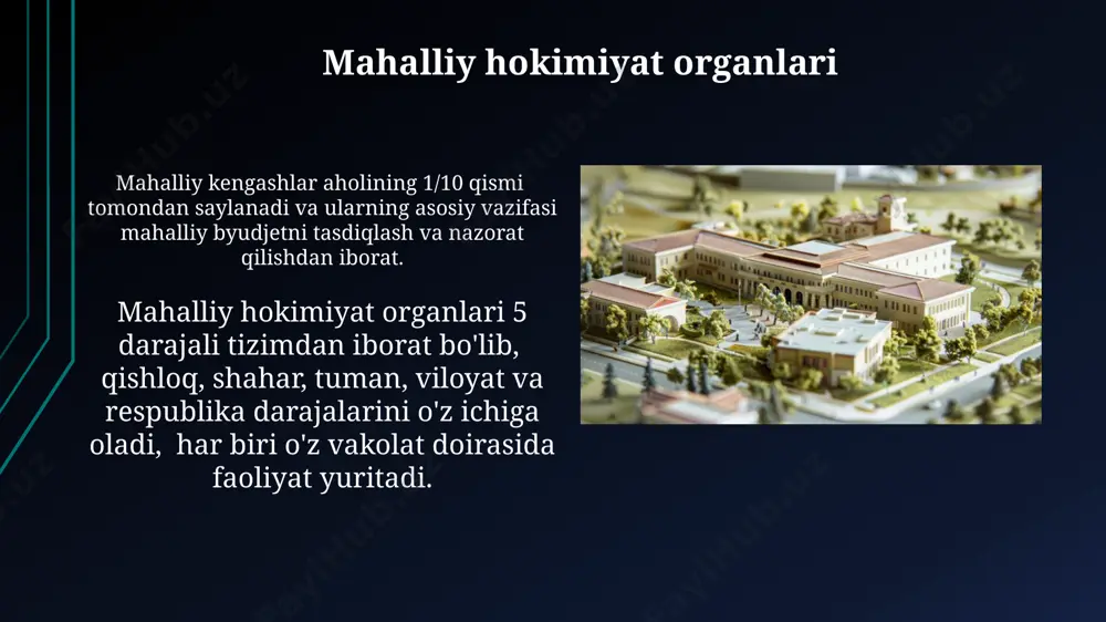 kimlarning asosiy vakolatlariga mahalliy byudjetni tasdiqlash, ijtimoiy-iqtisodiy rivojlanish dasturlarini amalga oshirish va er uchastkalarini taqsimlash kiradi. mahalliy kengashlar mahalliy kengashlar 5 dan ortiq aʼzosi boʻlgan, saylov hududlari boʻyicha saylangan vakillaridan tashkil topgan ijroiya hokimiyat organidir. 200 dan ortiq aholisi boʻlgan har bir aholi punktida mahalliy kengash faoliyat yuritadi, ular fuqarolar yig'inlari va boshqa mahalliy tashkilotlar bilan yaqindan hamkorlik qiladi. e'tiboringiz uchun rahmat @taqdimot_robot image1.jpg image2.jpg image3.jpg image4.jpg image5.jpg image6.jpg image7.jpg image8.jpg image9.jpg image10.jpg image11.jpg image12.jpg image13.jpg image14.jpg image15.jpg image16.jpg image17.jpg