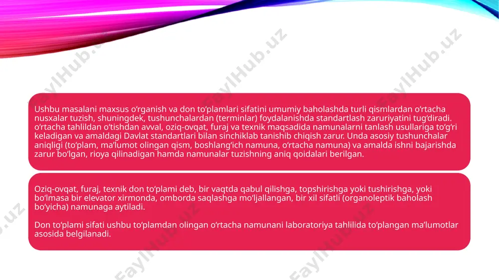 ligi 2 kg atrofida bo‘lishi kerak. idishga joylangan don to‘plamlaridan namuna qismlari og‘zi so‘kilgan qoplardan konus shupi bilan qopning yuqori, o‘rtagi va pastki eridan olinadi. og‘zi tikilgan qoplardan namuna qismlari qop shupi bilan bir burchagidan olinadi. namuna qismlarining olinadigan miqdori (qoplar) don to‘plamining hajmiga bog‘liqdir. agar unda 10 qop bo‘lsa har ikki qopning biridan, 10 dan 100 qopgacha - 5 qopdan q5% to‘plamdagi qop miqdoridan 10 qop q5% namuna olinadi. dastlabki namuna tayyorlash. olingan namuna qismlari brezent yoki qop matosiga ko‘zdan kechirish va bir-biriga taqqoslash uchun joylanadi. agar barcha namuna qismlaridagi donlarni organoleptik ko‘rsatkichlari bir turli bo‘lsa, ularni toza va zararkunandalar bilan zararlanmagan idishlarga to‘kiladi. don to‘plamlaridan olinadigan barcha namuna qismlarining yig‘indisi dastlabki namunani tashkil etadi. dastlabki namunali idishga yorliq qo‘yilib, unda ekin turining nomi, navi, avlodi, hosil yili, donga ega tashkilotning nomi, vagon, avtomashina yoki omborning raqami; to‘plamning kilogrammdagi og‘irligi; namuna olgan kishining imzosi yoziladi. namuna qismlaridan tuzilgan dastlabki …