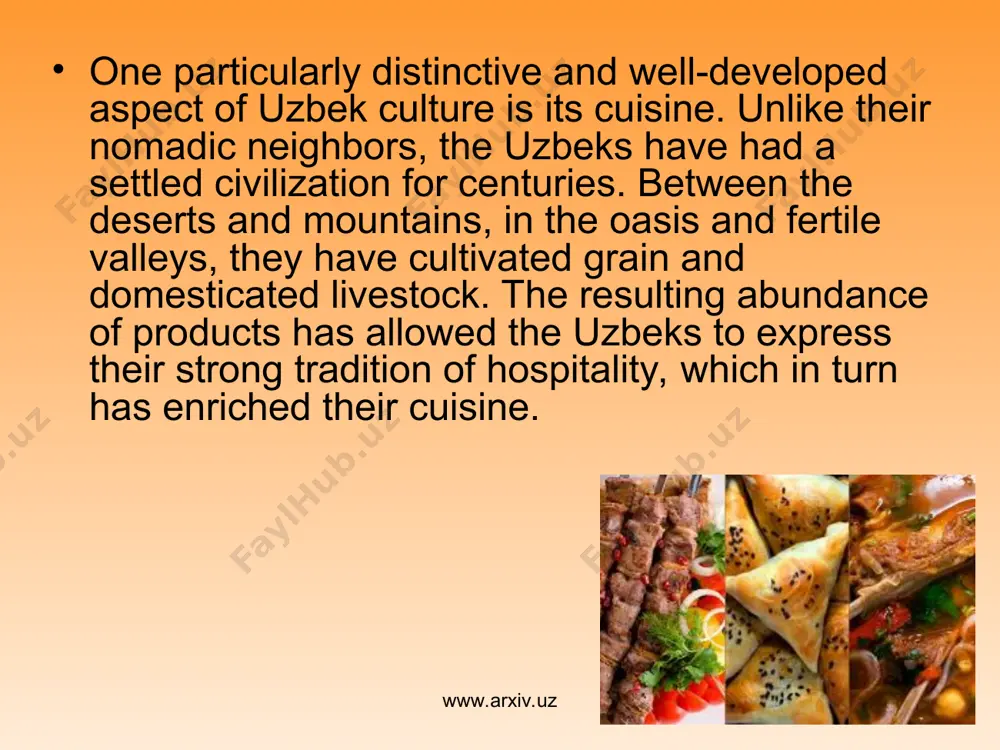 rice. www.arxiv.uz www.arxiv.uz tea is revered in the finest of oriental traditions. it is offered first to any guest and there exists a whole subset of mores surrounding the preparation, offering and consumption of tea. green tea is the drink of hospitality and predominates. black tea is preferred in tashkent, though both teas are seldom taken with milk or sugar. an entire portion of their food culture is dedicated solely to tea drinking. some of these include samsa, bread, halva, and various fried foods. www.arxiv.uz www.arxiv.uz