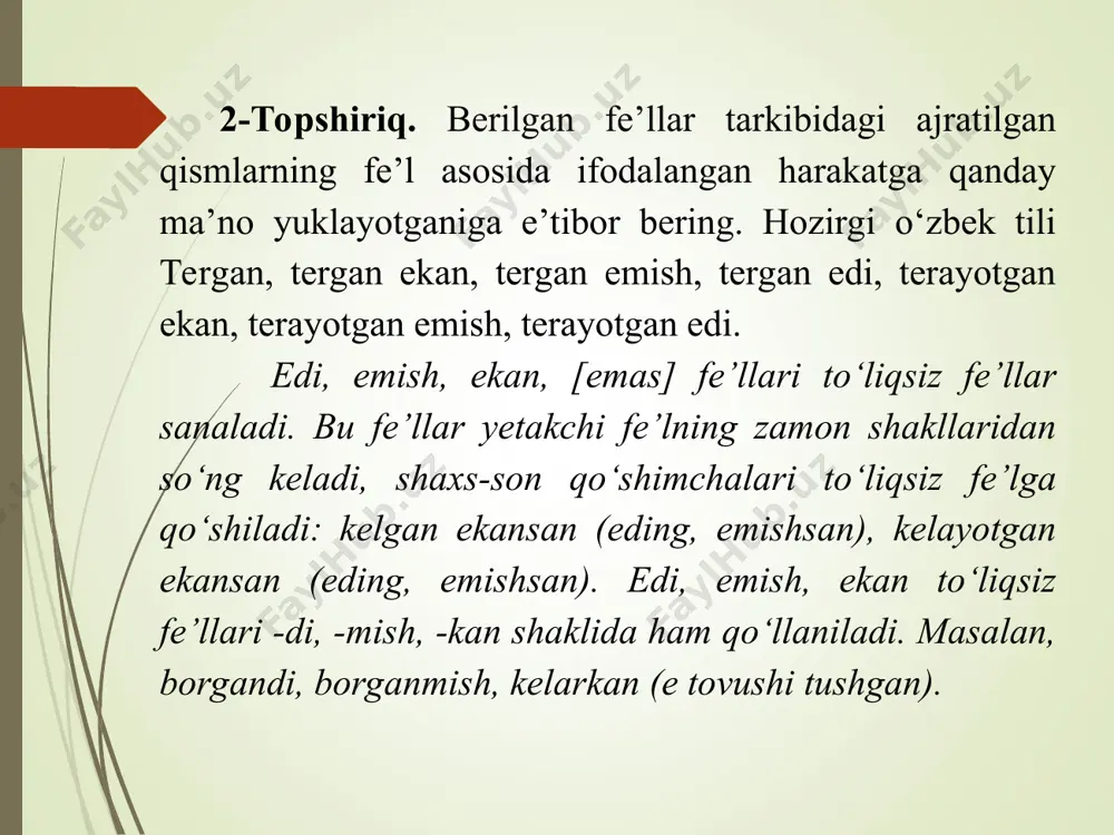 yaqin bo‘lgan olmoshlarning birikuvidan hosil bo‘lgan olmoshlar juft olmoshlar sanaladi. bir olmoshning aynan yoki ayrim tovush o‘zgarishi bilan (masalan, uncha-muncha) takrorlanishidan hosil bo‘lgan olmoshlar takroriy olmoshlar hisoblanadi. juft va takroriy olmoshlar qismlari chiziqcha bilan yoziladi. olmoshlar boshqa so‘zlarning yasalishiga asos bo‘lishi mumkin. o‘zboshimcha, o‘zbilarmon, manman kabilar sifat, о’zidan ketmoq, о’ziga kelmoq iboralar sanaladi. olmoshlarning tuzilish turlari 1. sodda olmoshlar barcha olmoshlar guruhida mavjud: men, shu, o‘z, kim, hamma, hech, birov. 2. qo‘shma olmoshlar faqat ko‘rsatish, belgilash, bo‘lishsizlik olmoshlari guruhida mavjud: ana shu, har kim, hech nima. 3. juft olmoshlar faqat kishilik, ko‘rsatish olmoshlari guruhida bor: sizu biz, u-bu. 4. takroriy olmoshlar ko‘rsatish, o‘zlik, so‘roq, belgilash olmoshlariga tegishlidir: shu-shu, o‘z-o‘zini, kim-kim, barcha-barchasi. nazorat uchun savollar: 1. olmosh deb qanday so‘zlarga aytiladi? 2. olmoshlarning grammatik xususiyatlarini sanab ko‘rsating. 3. kishilik olmoshlari va ularning xususiyatlari haqida gapiring. 4. o‘zlik olmoshi va uning xususiyatlari haqida gapiring. 5. ko‘rsatish olmoshlari va ularning ususiyatlari ha­qida gapiring. …