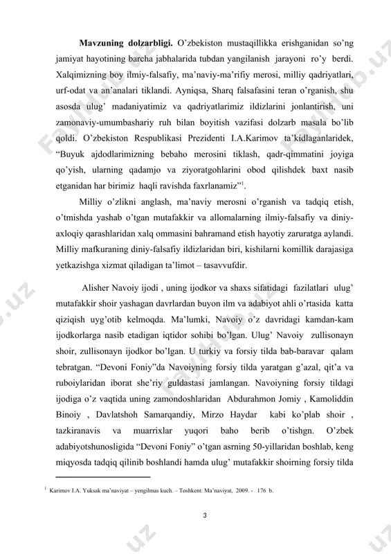 voiy – foniyning “devoni foniy ” sidan joy olgan lirik she’rlarining janr xususiyatlari haqida hozirgacha bugungi kun talabi asosidagi monagrafik tadqiqot amalga oshirilgan emas. bitiruv malakaviy ishining mavzusi hamda bajarilishi rejalashtirilgan ish ko’lami nuqtai nazaridan qaralganda ushbu tadqiqotning naqadar dolzarb ekanligi aniq ko’zga tashlanadi. muammoning o’rganilganlik darajasi. a.fitrat, s. ayniy, ye.e.bertels, v.abdullayev, n.mallayev, h.sulaymonov, a.mirzoyev, e.shodiyev, n.komilov, r.vohidov, i.haqqulov kabi olimlar o’z tadqiqotlarida navoiyning forsiy tildagi ijodi haqida to’xtalib o’tishgan. mustaqillik tufayli o’zbekistonda o’tmish madaniy merosi va qadriyatlarini o’rganishga keng yo’l ochildi. ayniqsa, navoiy ijodini o’rganish, uni tarjima va nashrlarini amalga oshirish ishlariga davlat miqyosida ahamiyat berildi. o’tgan asrning 80-yillar oxiri va 90-yillar boshidan to xxi asrning dastlabki yillarigacha navoiyning ijodiy namunalarini to’laligicha o’zida jamlagan 20 tomlik mukammal asarlar to’plami nashrdan chiqdi. o’sha to’plamdagi 18-19 va 20-tomlarda “devoni foniy”dagi lirik she’rlar tarjimalari bilan nashr etildi. porso shamsiyev nashri asosida amalga oshirilgan forsiy tildagi she’rlar o’z r fa alisher navoiy nomidagi …