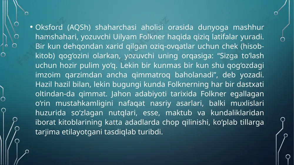 ytildimi, demak, yozildi”. bu adibning hazili, albatta. u juda ko‘p ishladi, tinmasdan yozish uni holdan toydirdi. “o‘zuv mashinkasi erta tong­dan yarim tungacha taqillardi. adib butun ijodi davomida yozuvchi iste’dodining 99 foizi mehnatdan iborat bo‘lishi lozim, degan hikmatga amal qildi. 5 folkner o‘z ijodida mehr-muhabbat va nafrat tuyg‘ulari bir-birini aslo inkor etmasligini isbotladi. o‘zuvchining so‘zi, ijtimoiy kelib chiqishidan qat’i nazar, barcha qatlamlarga xos bo‘lgan illatlarga qarshi qaratildi: xoh u kibru havosi baland oliy tabaqa bo‘lsin, xoh savodsiz, real dunyoni tushunmaydigan sodda dehqon bo‘lsin. irqiy ustunlik nazariyasini qoralarkan, adib irqiy ayirmachilik fojeasini ko‘rsata oldi, amaldorlarning ikkiyuzlamachiligini, diniy xurofot, mutaasiblikni fosh etdi: “shaharda turli avliyolar nomidagi beshta cherkov bor, lekin bolakaylar qichqirib, shodon va beg‘am o‘ynaydigan, qariyalar esa o‘tirib ularning sho‘xliklarini kuzatadigan bir parcha bo‘sh yer yo‘q... janubimiz achchiq qismatga yo‘liqqan”, deb yozadi u. adib rossiyadagi oktyabr to‘ntarishini qabul qilmadi. bir guruh amerikalik yozuvchilar delegatsiyasi tarkibida sovet ittifoqiga borishni taklif etishgandi, u bu …