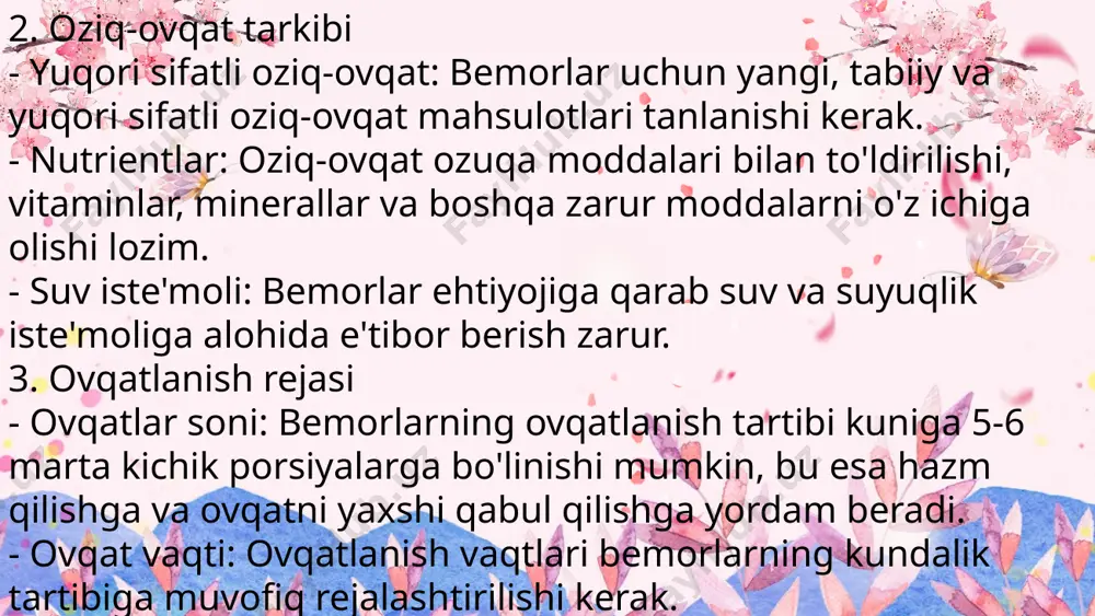 an turining 1-bugini otb xisoblanadi. otb tarkibiga kiradi : ombor, oziq ovqat maxsulotlarini pishirishga tayyorlash bo'limi, pishiruv tsexi, ovqat tarkatish va qo'shimcha bo'limlardan iborat. ko'p tarmoqli shifoxonalarda otb aloxida binolarda yoki yuqori kavatlarda joylashtiriladi. otbni ertulalar va binoning 1 kavatlarida joylashtirish mumkin emas. 2-buginiga otbdan tayyor ovqatlarni va quruq ovqatlarni bo'limlar buylab tashish xamda ishlatilgan idishlarni otbga tashish va yuvish. markazlashgan turlarini ustunliklari : vrach dietolog va dietolog xamshiralar tomonidan nazorat ishlarining yaxshiligi va yuqori texnologiyali ishlab chikarish ni joriy etilganligi, kamchiliklari : tayyor ovqatlarni bo'limlar buylab transportirovkasining o'zokligi. tayyor ovqatlarni bo'limlar buylab transportirovkasining o'zokligi. otbda yuqori sifatli dietik ovqatlar tayyorlash va ovqat toksikoinfektsiyalarini oldini olish uchun quyidagilarga amal kilish kerak : tsexlarni va xonalarni tulik jixozlar bilan ta'minlash. binoni toza va iflos maxsulotlarni o'zaro yonma-yon bo'lishiga yo'l kuymaslik. otbni barcha jixozlari va dastgoxlarini markirovkalash. go'sht va baliq maxsulotlarini yuqori temperaturada kayta ishlashda texnologik koidalarga rioya kilish. oziq ovqat maxsulotlarini …