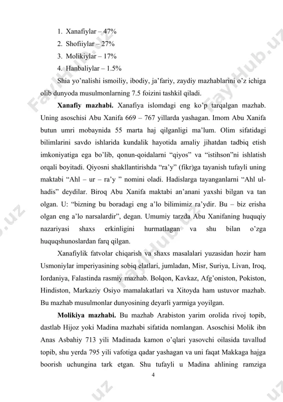 islargina ular tomonidan sahih deb e’tirof etiladi. qur’on va hadis bir manba – “nass”ni tashkil etadi. bunga qo’shimcha ravishda madina jamoasining umumiy tajribasi qo’shiladi. bular haqida yozma manbalar qolmagan, lekin ular payg’ambar davridan me’ros va odat tarzida xotirada saqlanib keladi. bunday jamoa xotirasiga jamoa hadisi sifatida qaralgan. shulardan keyingina madinalik bo’lmagan sahobalar tajribasi hamda tobeinlar tajribasiga murojat etilgan. hech qayerda mazkur masalaga yechim topilmasa, “almasolih al-mursala”, ya’ni manfaat yo’lidagi mustaqil fikrga murojat etish mumkin bo’lgan. ammo bu fikr jamoa manfaatiga qaratilgan, nass aqidalariga zid bo’lmasligi va shariat ahkomlariga mos kelishi lozim hisoblangan. shofiiy mazhabi. bu mazhab jug’rofiy mintaqa mahsuli bo’lmasdan, ikki o’zga mazhab bilan yaqindan tanishish natijasida payg’ambar ajdodi – hoshimning akasi mutallib avlodidan bo’lgan muhammad ibn idris ibn abbos ibn usmon ibn shofiiy uning asoschisi bo’ldi. shofiy 767 yil falastin (g’azna)da tug’ilib, 820 yili misrda vafot etadi. shayboniy rahbarligida iroq fiqhini o’rgandi. shofiy nazariyasini ifoda etgan “risola” bog’dodda yozilib, …