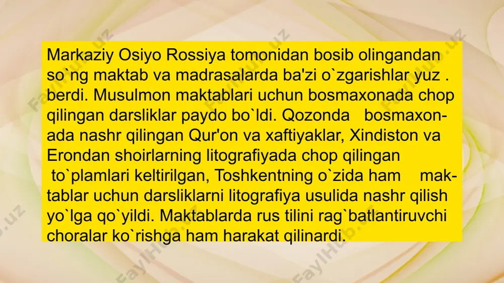 i ham kuchaytirildi. adabiyotlar ro‘yxati 1. shamsutdinov r., rasulov b. turkiston maktab va madrasalar tarixi. a.: “meros”. 1995. 23-bet. (shamsutdinov r., rasulov b. history of turkestan schools and madrasas. a.: "inheritance". 1995. page 23.) 2. komilov o. o‘zbekiston milliy ta’limi transformatsiyasi tarixidan (xx asrning 20-yillari). –t. «fan va texnologiya». 2019. 23-bet. (komilov o. from the history of the transformation of the national education of uzbekistan (20s of the 20th century). -t. "science and technology". 2019. page 23.) 3. komilov o. o‘zbekiston milliy ta’limi transformatsiyasi tarixidan (xx asrning 20-yillari). –t. «fan va texnologiya». 2019. 24-bet. (komilov o. from the history of the transformation of the national education of uzbekistan (20s of the 20th century). -t. "science and technology". 2019. page 24.) 4. ergashev q. o‘zbekistonda xalq ta’limi rivojlanishi tarixi. t.: “o‘qituvchi”. 1998. 12-bet. ( ergashev q. history of development of public education in uzbekistan. t.: "teacher". 1998. page 12.) e'tiboringiz uchun …