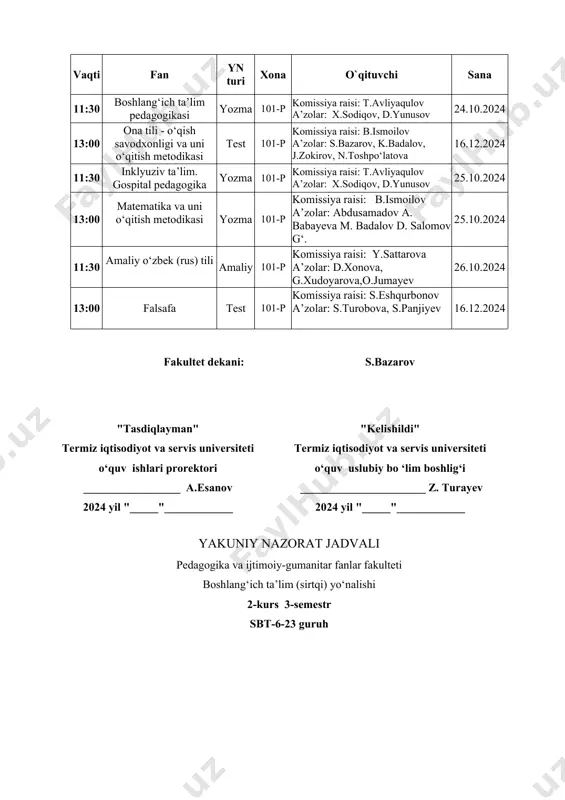 v uslubiy bo ‘lim boshlig‘i ______________________ z. turayev 2024 yil "_____"____________ yakuniy nazorat jadvali pedagogika va ijtimoiy-gumanitar fanlar fakulteti boshlang‘ich ta’lim (sirtqi) yo‘nalishi 2-kurs 3-semestr sbt-7-23 guruh vaqti fan yn turi xona o`qituvchi sana 14:30 boshlang‘ich ta’lim pedagogikasi yozma 101-p komissiya raisi: t.avliyaqulov a’zolar: x.sodiqov, d.yunusov 24.10.2024 16:00 ona tili - o‘qish savodxonligi va uni o‘qitish metodikasi test 101-p komissiya raisi: b.ismoilov a’zolar: s.bazarov, k.badalov, j.zokirov, n.toshpo‘latova 16.12.2024 14:30 inklyuziv ta’lim. gospital pedagogika yozma 101-p komissiya raisi: t.avliyaqulov a’zolar: x.sodiqov, d.yunusov 25.10.2024 16:00 matematika va uni o‘qitish metodikasi yozma 101-p komissiya raisi: b.ismoilov a’zolar: abdusamadov a. babayeva m. badalov d. salomov g‘. 25.10.2024 14:30 amaliy o‘zbek (rus) tili amaliy 101-p komissiya raisi: y.sattarova a’zolar: d.xonova, g.xudoyarova,o.jumayev 26.10.2024 16:00 falsafa test 101-p komissiya raisi: s.eshqurbonov a’zolar: s.turobova, s.panjiyev 16.12.2024 fakultet dekani: s.bazarov "tasdiqlayman" termiz iqtisodiyot va servis universiteti o‘quv ishlari prorektori _________________ a.esanov 2024 yil "_____"____________ "kelishildi" termiz iqtisodiyot va servis …