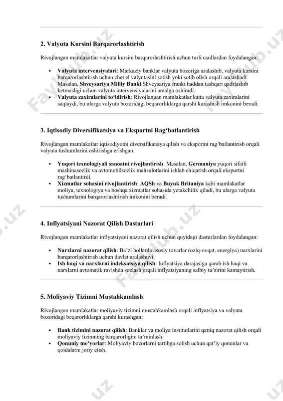 eksportni ragʻbatlantirish orqali valyuta tushumlarini oshirish mumkin. · misol: yangi sanoat tarmoqlarini rivojlantirish va eksport qilinadigan mahsulotlarni koʻpaytirish. 6. inflyatsiyani nazorat qilish dasturlari: · narxlarni nazorat qilish va inflyatsiyani qisqa muddatda boshqarish uchun maxsus dasturlar ishlab chiqish. · misol: asosiy tovarlar (oziq-ovqat, yoqilgʻi) narxlarini barqarorlashtirish. 7. xalqaro hamkorlik: · xalqaro moliya institutlari (masalan, xalqaro valyuta jamgʻarmasi, jahon banki) bilan hamkorlik qilish orqali valyuta bozorini barqarorlashtirish. · misol: valyuta zaxiralarini toʻldirish yoki qarz olish orqali valyuta bozorini barqarorlashtirish. xulosa chet el valyutasining erkin aylanmasi inflyatsiyaga kuchli taʼsir koʻrsatishi mumkin, ayniqsa agar mamlakat iqtisodiyoti importga juda bogʻliq boʻlsa. bu muammoni hal qilish uchun valyuta kursini barqarorlashtirish, mahalliy ishlab chiqarishni ragʻbatlantirish, monetar siyosatni qattiqroq qilish va valyuta bozorini nazorat qilish kabi chora-tadbirlar muhim ahamiyatga ega. buning uchun mamlakatning iqtisodiy sharoitlariga moslashtirilgan kompleks yondashuv zarur. bu muamoni rivojlangan mamlakatlar qanday yechim topishgan rivojlangan mamlakatlar chet el valyutasining erkin aylanmasi va inflyatsiya kabi muammolarga turli …