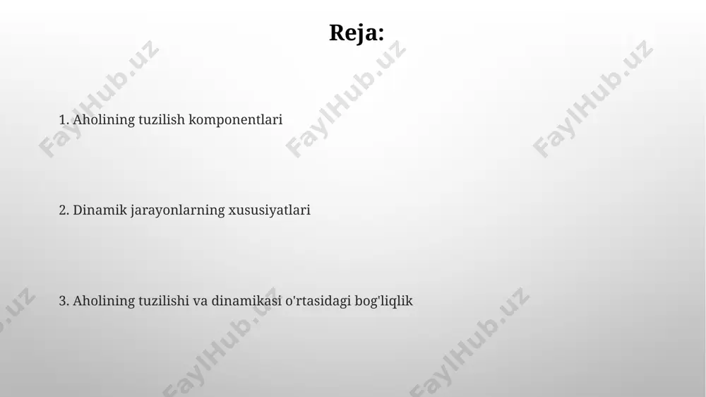 жаҳон миқёсидаги ўртача кўрсаткичдан юқорироқдир. aholining dinamikasi va prognozlari 2050 йилгача бўлган прогнозлар, фарғона водийсидаги аҳоли зичлигининг ортиши ва қорақалпоғистон республикасидаги пасайиш тенденциясини кўрсатади. ўзбекистон аҳолисининг 2023 йилдаги ўсиш суръати тахминан 1,5% ни ташкил этиб, бу тошкент шаҳри каби йирик шаҳарлардаги ўсишдан сезиларли даражада паст. jinsi bo'yicha taqsimot jinsiy bo'yicha taqsimot o'zbekistonning turli hududlarida, masalan, toshkent va samarqand shaharlarida, 2023-yilgi ma'lumotlarga ko'ra, ayollar soni erkaklar sonidan bir oz ko'p bo'lib, taxminan 51% ni tashkil etadi. 20-40 yosh oralig'idagi yosh guruhlarda jinsiy bo'yicha taqsimot nisbatan muvozanatli bo'lib, bu guruh 70% ga yaqin aholini tashkil qiladi va o'zbekistonning qishloq joylarida bu ko'rsatkich biroz pastroq. millati bo'yicha taqsimot toshkent shahri kabi yirik shaharlarda millatlararo aralashuv yuqori bo'lib, 10 dan ortiq millat vakillari yashaydi, bu esa shaharning ko'p madaniyatli muhitini shakllantiradi. 2020-yilgi ma'lumotlarga ko'ra, o'zbekiston aholisining 88% ini o'zbeklar, 5% ini ruslar va qolgan 7% ini boshqa millat vakillari tashkil etgan, bu esa respublika …