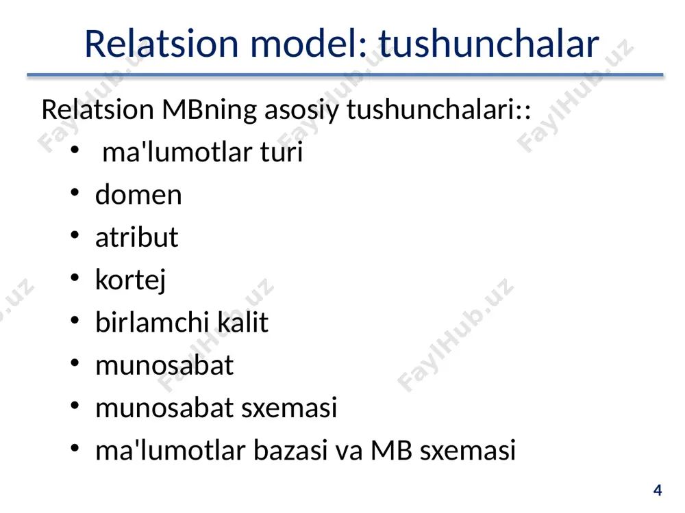 ng birlamchi kalitlarining nodirligi tekshiriladi birlamchi kalitda ishtirok etuvchi har qanday atribut aniqlanmagan qiymatni (not null) olishiga yo'l qo'yilmaydi 27 27 relatsion model: butunlik tilning butunligi shundan iboratki, relyatsion mbbti sql standartidan past bo'lmagan ma'lumotlarni tavsiflash va manipuliyalash tillari bilan ta’minlasi kerak. til butunligiga qo‘yiladigan talablar: standartga mos kelmaydigan boshqa quyi darajadagi ma'lumotlarni manipulyatsiya qilish vositalari mavjud bo'lmasligi kerak 28 28 relatsion model: butunlik havola butunligi munosabatlar o‘rtasidagi aloqalar o'rnatilganda havolaning butunligini qo‘llab-quvvatlanishini ta'minlaydi. havola butunligi qo‘yiladigan talablar: tobe munosabatda paydo bo'ladigan har bir tashqi kalit qiymati uchun asosiy munosabatda asosiy kalitning xuddi shunday qiymatiga ega bo'lgan kortej bo'lishi kerak 29 29 relatsion model: butunlik havola butunligi qo‘yiladigan talablar : ya'ni tashqi kalit qiymati quyidagilardan biri bo'lishi kerak: asosiy kalitning qiymatiga teng bo'lishi kerak butunlay aniqlanmagan (null) qiymatiga teng bo'lishi kerak 30 30 relatsion model: butunlik har bir tashqi kalit uchun quyidagilar hal qilishinishi kerak : mazkur tashqi kalit aniqlanmagan …
