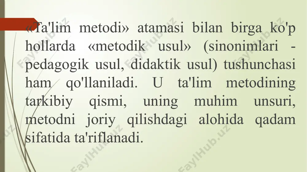 r bilish topshiriqlarini yechish jarayonida savollarga javoblar topish asosida o'zlashtiradi, o'zlari bilimlarni mustaqil egallashadi. muammoli metodning mohiyati mashg'ulotlar jarayonida muammoli vaziyatlarni yaratish va yechishdan iborat bo'lib, uning asosida didaktik ziddiyatlar yotadi. tadqiqotchilik metodi, o'quvchilar mustaqil ravishda taklif etilgan masalani tadqiq etish jarayonida zaruriy bilimlarni o'zlashtirib oladilar va uning yechimi bo'yicha boshqa vaziyatlar bilan taqqoslaydi. m.i.maxmutovning binarli ta'iim metodlari ta'iim metodlari axborotli — ma'lumotli. tushuntiruvchi. yo'riqli — amaliy. tushuntirish — undovchi. undovchi o'qish metodlari bajaruvchi. reproduktiv (nomahsul). produktiv (mahsuldor) — amaliy. qisman izlanuvchi. izlanuvchi s.g.shopavalenko ta'iim metodlari tasnifini to'rt belgi asosida quyidagi tetroeddik yondashuvni taklif etadi: mantiqiy-mazmunli; manbali; mazmunli; tashkiliy boshqaruvchi. n.s.sayidahmedov tomonidan asoslangan ta'lim metodlari motivatsion bosqich; o'quv faoliyati; boshqaruv. didaktik jarayon tuzilmasiga mos holda ta'lim metodlarini uch guruhga ajratiladi: o'qish va mehnatga rag'batlantiruvchi hamda motivlashtirish metodlari. o'quv-bilish faoliyatini tashkil etish va amalga oshirish metodlari. o'quv-bilish faoliyatini boshqarish metodlari. yu.k.babanskiy tasnifiga ta'limiy faoliyat uchta tarkibiy qismdan iboratdir tashkiliy; rag'batlantiruvchi; nazorat. …