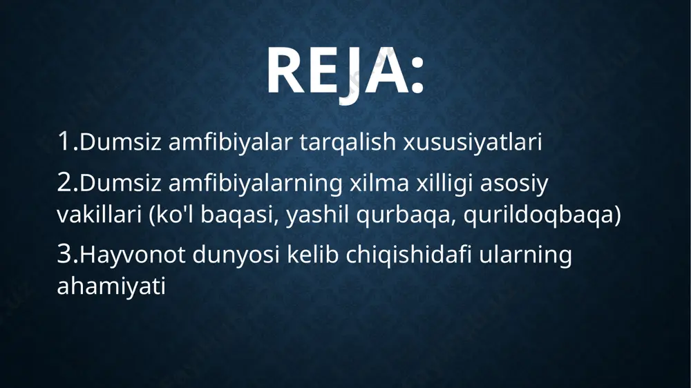 ketishi, o‘rmonlarning kesilishi, pestitsidlar va urbanizatsiya anura turlarining soni va tarqalish doirasini cheklab qo‘ymoqda. endemiklik va ekologik moslashuv ko‘plab dumsiz amfibiyalar endemik hisoblanadi, ya’ni faqat ma’lum bir geografik hududda uchraydi. masalan: avstraliyadagi corroboree frog (pseudophryne corroboree) faqat alohida baland tog‘li botqoqliklarda uchraydi. madagaskarda 300 dan ortiq tur mavjud bo‘lib, ularning 90% dan ortig‘i endemikdir. ekologik moslashuvchanlik tufayli ayrim turlari hatto antropogen hududlarda — bog‘lar, dala-dashtlar, suv havzalar yaqinida ham yashashi mumkin. dumsiz amfibiyalarning xilma xilligi asosiy vakillari (ko'l baqasi, yashil qurbaqa, qurildoqbaqa) ko‘l baqasi (rana ridibunda) lotincha nomi: pelophylax ridibundus tarqalgan hududlar: yevropa, g‘arbiy osiyo, shimoliy afrika, markaziy osiyo. biologik tavsifi: uzunligi 9–14 sm gacha yetadi, tanasi yashil-jigar rangda, orqasida dog‘lar bo‘ladi. odatda, doimiy suv havzalarida yashaydi: ko‘l, ariq, kanal, daryo bo‘ylari. terisi silliq, orqa oyoqlari uzun va kuchli bo‘lib, yaxshi suzishga moslashgan. hayot tarzi va ozuqasi: asosan suvda faol, baliqchalarga, hasharotlarga va ularning lichinkalariga ov qiladi. tungi va kunduzgi …