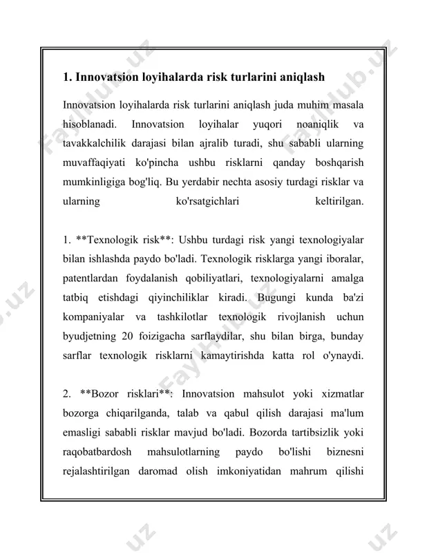lar va strategiyalarni qo'llash muhim rol o'ynaydi. 2. risklarni boshqarishning asosiy metodlari risklarni boshqarish muhim biznes jarayoni bo‘lib, u korxonalar va tashkilotlarga noaniqliklardan kelib chiqadigan imkoniyat va qarama-qarshiliklarni boshqarishga imkon beradi. mana bu jarayonni amalga oshirishda qo‘llaniladigan asosiy metodlar: 1. risklardan qochish (avoidance): bu metod biror xavf-xatardan butunlay qochishni ko‘zda tutadi. korxonalar xavfli bo‘lgan faoliyat yoki loyihalardan voz kechish orqali noaniqliklarni kamaytirishga erishadilar. masalan, teksa sohada o‘z harajatlarini qisqartirishi mumkin bo‘lgan xatarli biznesga kirishni rad etish. 2. riskni kamaytirish (reduction): bu usul xavfni kamaytirish choralarini ko‘rishga qaratilgan. bunda korxonalar xavfni keltirib chiqarishi mumkin bo‘lgan sabablar va sharoitlarni o‘rganib, ehtimoliy zararlar miqdorini kamaytirish chora-tadbirlarini amalga oshiradilar. masalan, texnologik modernizatsiya orqali ishlab chiqarish jarayonining xavfsizligini oshirish mumkin. 3. riskni uzatish (transfer): ushbu strategiya orqali riskni boshqa tomonlarga uzatish ko‘zda tutiladi. bu asosan sug‘urta shartnomalari orqali amalga oshiriladi, ya’ni korxonalar ularning ko‘p miqdorda zarar ko‘rish ehtimolini sug‘urta kompaniyasiga topshiradilar. sug‘urta bu borada eng …