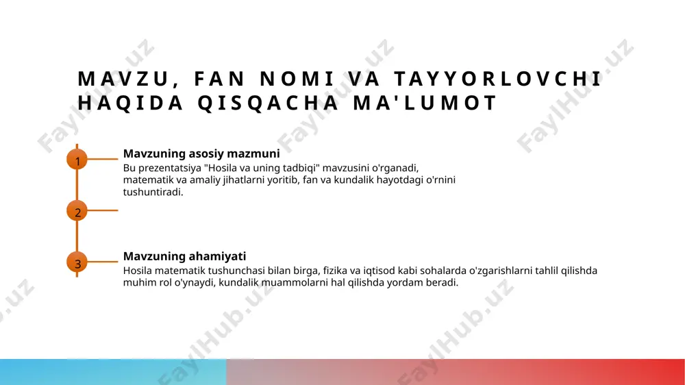 funksiyasining hosilasini topish orqali hosila tushunchasini mustahkamlash 01 kvadrat funksiyasining hosilasi kvadrat funksiyasining hosilasi \(f(x) = x^2\) uchun \(f'(x) = 2x\) bo‘lib, bu funksiya nuqtasidagi o‘zgartirish tezligini ko‘rsatadi. 02 hosilani topish usullari kvadrat funksiyasining hosilasini topish uchun qulayroq usul – qoidalar va formulalardan foydalanish, masalan, power qoidasi: \(d/dx[x^n] = nx^{n-1}\). 03 tushunchalar va amaliyot kvadrat funksiyasining hosilasi yordamida grafigidagi tangentning egilishini aniqlash, fizikada tezlik o‘zgarishini yoki iqtisodda foyda o‘sishini tahlil qilish mumkin. trigonometrik va polinom funksiyalar kombinatsiyasining hosilasini topish: metodlar va qoidalar. trigonometrik funksiyalarning hosilasi trigonometrik funksiyalarning hosilasi sinus va kosinus uchun sinx va cosx ning hosilasi yordamida topiladi, ularning o'zaro bog'liqliklari ham hisobga olinadi. polinom funksiyalarining hosilasi polinom funksiyalarining hosilasi har bir a'zo uchun darajaga ko'tarilgan koeffitsientni keltirib chiqarish orqali, masalan, (ax^n)' = a·n·x^{n-1} shaklida aniqlanadi. kengaytirilgan qoidalar trigonometrik va polinom funksiyalarining kombinatsiyasida hosilani hisoblash uchun qoidalar: ketma-ketlik, yig'ish va ko'paytirish qoidalari qo'llaniladi, masalan, product rule. amaliy misollar va …