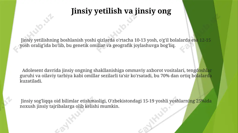 qoʻyadilar. ijtimoiy munosabatlar va tengdoshlar guruhi adolesentlarning 60% dan ortigʻi ijtimoiy qabul qilinish uchun tengdoshlar guruhiga qoʻshilishga moyil boʻlib, bu baʼzan salbiy taʼsirlarga, masalan, nomaqbul xulq-atvor va giyohvand moddalarga moyillikka olib kelishi mumkin, samarqand viloyatida oʻtkazilgan kuzatuvlar shundan dalolat beradi. oʻsmirlik davrida tengdoshlar guruhiga boʻlgan bogʻliqlik 70% ga yaqinlashadi, ayniqsa 13-15 yosh oraligʻida, bu esa ijtimoiy moslashuv va oʻziga ishonchning shakllanishiga taʼsir koʻrsatadi, masalan, toshkentdagi maktablarda oʻtkazilgan tadqiqotlar shuni koʻrsatdi. oʻsmirlarning 25% i ijtimoiy izolyatsiyaga moyil boʻladi, bu esa oʻz navbatida depressiya va xavotirga olib kelishi mumkin, bu holatni psixologik sogʻlomlashtirish markazlari, jumladan, andijonda joylashgan markazlar ham kuzatmoqda. o'zlikni anglash va o'ziga ishonch 13-17 ёшларда ўзини англаш жараёнида ўсмирларда идентификация кризаси кузатилади, бу жараёнда ўзлигини аниқлаш учун турли ижтимоий ролларни синаб кўришади, масалан, тошкентдаги мактабларда кузатилгандек. ўзбекистоннинг қишлоқ жойларидаги тадқиқотлар кўрсатганидек, ўзини англаш ва ўзига ишонч даражаси оилавий муҳит ва социал-иқтисодий омилларга 80% га боғлиқ. ўзига ишончнинг пасайиши, 15-16 ёшли …