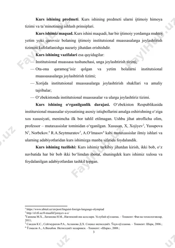 or tahlil etilmagan. ushbu jihat atroflicha olim, professor – mutaxassislar tominidan o‘rganilgan. xususan, x, xojiyev[footnoteref:2], yusupova n[footnoteref:3], norbekov.[footnoteref:4] r.a.seytmuratov[footnoteref:5], a.o‘lmasov[footnoteref:6] kabi mutaxassislar ilmiy ishlari va ularning adabiyotlaridan kurs ishimizga manba sifatida foydalandik. [2: https://www.ubtuit.uz/en/post/linguist-foreign-language-olympiad] [3: http://el.tfi.uz/0-muallif/jorayev-a-s/] [4: ганиева м.х., латипова н.м., ижтимоий иш асослари. услубий қўлланма. – тошкент: фан ва технологиялар, 2011;] [5: саидов к.с., сейтмуратов р.а., асланова д.х. социал иқтисодиёт. ўқув қўлланма. – тошкент: шарқ, 2006.;] [6: ўлмасов а., а.вахабов. иқтисодиёт назарияси. –тошкент: «шарқ», 2008.;] kurs ishining tuzilishi: kurs ishimiz tarkibiy jihatdan kirish, ikki bob, o‘z navbatida har bir bob ikki bo‘limdan iborat, shuningdek kurs ishimiz xulosa va foydalanilgan adabiyotlardan tashkil topgan. i bob. institutsional muassasa tushunchasi va unga joylashtirish tartibi 1.1. institutsional muassasa tushunchasi, unga joylashtirish tizimi maktab ijtimoiy pedagogikasining asosiy muammosi tarbiyasi og‘ir o‘spirinlar hisoblanadi. 12-16 yoshli o‘g‘il-qizlar o‘spirin hisoblanishadi. bu davr shaxs shakllanishi jarayonida nihoyatda katta ahamiyatga ega. shu bilan birga ham o‘smirlar ham tarbiyachilar uchun …