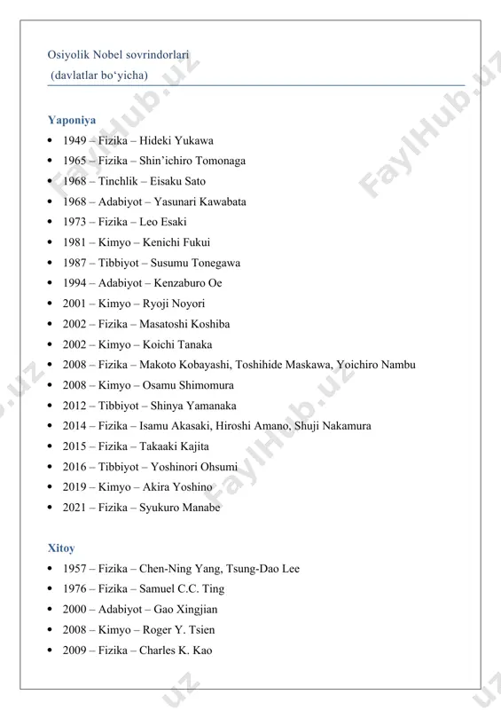 on 1979 – fizika – abdus salam 2014 – tinchlik – malala yousafzai bangladesh 2006 – tinchlik – muhammad yunus janubiy koreya 2000 – tinchlik – kim dae-jung 2024 – adabiyot – han kang tayvan 1986 – kimyo – yuan t. lee filippin 2021 – tinchlik – maria ressa vyetnam 1973 – tinchlik – le duc tho (rad etgan) myanma 1991 – tinchlik – aung san suu kyi isroil 1966 – adabiyot – s.y. agnon 1978 – tinchlik – menachem begin 1994 – tinchlik – shimon peres, yitzhak rabin 2002 – iqtisod – daniel kahneman 2004 – kimyo – avram hershko, aaron ciechanover 2005 – iqtisod – robert aumann 2009 – kimyo – ada yonath 2011 – kimyo – dan shechtman 2013 – kimyo – arieh warshel falastin 1994 – tinchlik – yasser arafat eron 2003 – tinchlik – shirin ebadi 2023 – tinchlik – narges mohammadi turkiya 2006 – …