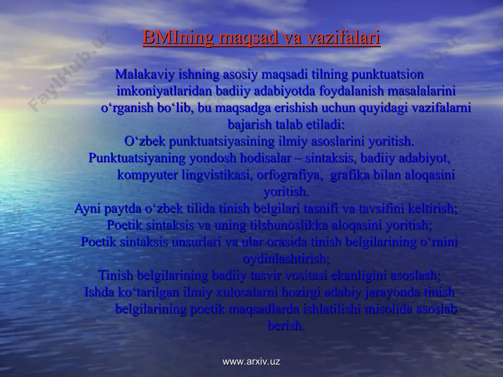 , jozibador, o‘qimishli, bozor iqtisodiyoti talablariga mos qilib yaratishga intilish kabilar hozirgi o‘zbek adabiy tilida adabiyot va sintaksis, xususan punktuatsiya munosabatlarini yanada chuqurroq o‘rganishni talab etmoqda. kuzatishlardan ayni paytda tire, ko‘p nuqta, undov, so‘roq belgilarining badiiy funksiyasi ortib borayotganligi ma’lum bo‘ldi. keyingi davr yozuvchilari uslubida jahon adabiyoti ta’sirida tinish belgilaridan butunlay voz kechishni ham maxsus uslubiy qo‘llanish sifatida ko‘rish mumkin. www.arxiv.uz www.arxiv.uz foydalanilgan ilmiy va badiiy adabiyotlar ro’yxati i.a.karimov. o‘zbekiston mustaqillikka erishish ostonasida. toshkent, “o‘zbekiston”, 2011., b.-67 i.a.karimov. «yuksak ma’naviyat – yengilmas kuch» toshkent.: 2008 a.hojiyev. o‘zbek tili sinonimlarining lug‘ati. toshkent. o‘qituvchi. 1974. abdullayeva d. muallif gapi tarkibi // til va adabiyot ta'limi. 2002. - №4. - b.17. b.bahriddinova. tinish belgilari – yozma nutq mohiyatini anglash vositasi. “ma’rifat”, 2014 y., № 68 b.bahriddinova. zamonaviy o‘zbek punktuatsiyasining dolzarb muammolari . “ma’rifat”, 2014 y., № 94 b.bahriddinova. o‘zbek tilining punktuatsiya qoidalari. “tat” toshkent, 2015 yil, 1-2-3-4-son. 23-24-betlar b.bahriddinova. zamonaviy o‘zbek punktuatsiyasi asoslari. …