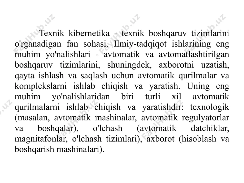 a sub'ektning ehtiyojlarini qondirishga olib keladi. aynan shu bosqichda rasmiy apparatdan foydalanish mumkin, uning yordamida z * maqsadiga muvofiq boshqaruv sintezlanadi. bu erda 2 - boshqaruv algoritmi. bu algoritm kibernetikani fan sifatida o'rganish predmeti hisoblanadi. shunday qilib, boshqaruv jarayonini ikki bosqichga bo'linadi: • norasmiy - intuitiv, ekspert (shaxsga tegishli); • rasmiy - algoritmik (rasmiy yondashuvlarni qo'llash ob'ekti hisoblanadi). birinchi funktsiya 1 ni sub'ekt bajaradi, ikkinchi funktsiyani 2 esa boshqaruv qurilmasi tomonidan amalga oshiriladi (1.2-rasmda bu elementlarning o'zaro ta'siri ko'rsatilgan). 1.2-rasm. subyekt va boshqaruv tizimining o'zaro ta'siri. shtrixli chiziq sub'ekt tomonidan shakllantirilgan z* nazorat maqsadlarini amalga oshirish funktsiyasini bajaradigan boshqaruv tizimini (bt) ajratib ko'rsatadi. муҳит бошқарув тизими (бт) ф1 – sub'ekt funktsiyasi ф2 – ob'ekt funktsiyasi уу – nazorat qilish qurilmasi су – boshqaruv tizimi boshqaruv jarayoni axborot jarayoni sifatida boshqaruv jarayoni quyidagilarni o'z ichiga oladi: uni qayta ishlash va saqlash punktlariga o'tkazish kiruvchi va ma'lumotnoma ma'lumotlarini tahlil qilish nazorat harakatini …