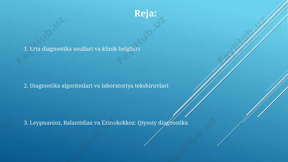bog'liq. trophozoit shakli 50-200 mkm o'lchamda bo'ladi va ichaklarda kolonizatsiya qiladi. etiologiya, hayot sikli va patogenlik haqida 3 ta ma'lumot: balantidiaz: etiologiya, hayot sikli va patogenlik leishmaniozning erta diagnostikasi usullari erta tashxis uchun parazitni aniqlash muhim: giemsa bo'yog'i bilan bo'yalgan surtmalar, 7-10 kunda o'sadigan nnn muhitida madaniyat tekshiruvi va leishmaniya dnksini aniqlash uchun pcr usuli. leishmaniozning erta diagnostikasi usullari terida o'zgarishlar aniqlanganda: biopsiya olinib, gistopatologik tekshiruv o'tkaziladi. leishmaniya amastigotalari hujayralar ichida 80-85% holatlarda aniqlanadi, bu erta tashxis uchun muhim. balantidiazning erta diagnostikasi usullari immunologik testlar, masalan, elisa yordamida antitelalarni aniqlash, simptomlar paydo bo'lishidan 2-3 hafta oldin infektsiyani aniqlashga yordam berishi mumkin. ichak mikroflorasini tekshirishda pcr usuli orqali balantidium coli dnksi 95% aniqlanishi mumkin, bu erta bosqichda tashxis qo'yish imkonini beradi. endoskopik tekshiruvlar, kolonoskopiya, yo'g'on ichakdagi kichik yaralarni va 10-20 mkm kattalikdagi balantidium coli trofozoitlarini bevosita ko'rishga imkon beradi. echinokokkoz: etiologiya, hayot sikli va patogenlik information echinokokkozning hayot siklida oraliq xo'jayinlar, …