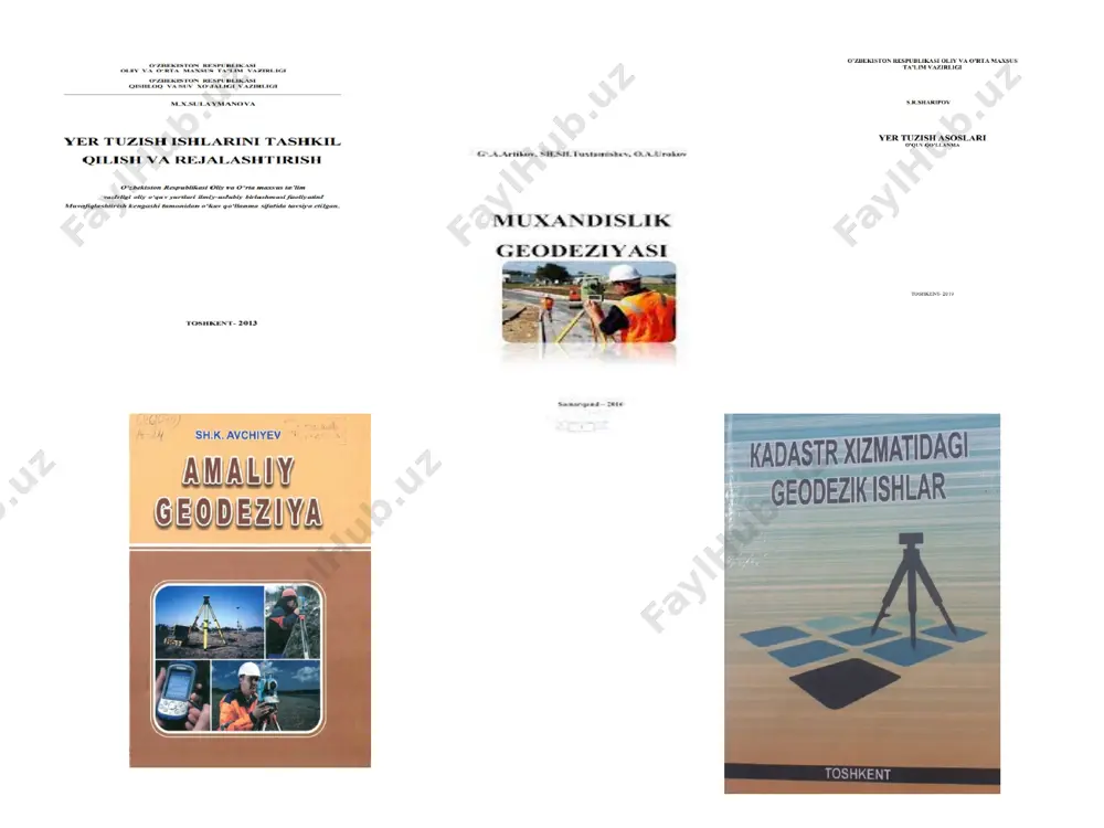 hosil qilish mumkin. grafik yoki grafomexanik usullari bilan nusxa koʼchirishdan oldin koordinata toʼri chizilib, relyef va tafsilotlar originaldan nusxaga har bir kataklar xududi boʼyicha oʼtkaziladi, shunda geodezik tarmoqlar punktlari va yerdan foydalanuvchilarning chegralari nusxaga koordinatalarining hisoblangan qiymatlari boʼyicha tushiriladi. foydalaniladigan adabiyotlar roʼyxati аsosiy adabiyotlar 1. oxunov z.d. yer tuzishda geodezik ishlar. t.: "yangi asr avlodi", 2002.-254 b. 2. maslov а.v. i dr. geodeziya. m.: nedra, 1990.– 324 s. qoʼshimcha adabiyotlar 1.nazirov а.n., geodeziya. t.,oʼqituvchi,1978.maslov а.v. i dr. geodeziya. m.: nedra, 1990. – 324 s. 2. raximbaev f.m., hamidov m.m., «qishloq xoʼjaligi melioratsiyasi» (geodeziya boʼlimi) t.: oʼzbekiston 1996.– 128 b. 3. muborakov h., аxmedov s., geodeziya va kartografiya. toshkent: oʼqituvchi, 2002. – 304 bet. 4.muborakov x.m., oxunov z.d., parmanov m.x., injenerlik geodeziyasi. – t.: tiqxmii, 1991.–82 b. 5.oxunov z., geodeziyadan praktikum. toshkent: universitet, 2009. – 200 bet 6.girshberg m.а., geodeziya., ch.1. m.: nedra, 1978.–264 s. internet saytlari 1. www.colibri.ru. 2.bolshe.ru 3. …