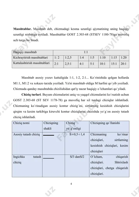 umlarning chizmalarini chizish asosan ikki bosqichga bo`linadi: birinchi bosqich – chizmada qalamda ingichka chiziqlar bilan chizish, ikkinchi bosqich – bu chizmaning chiziqlarining ustidan qalamda yurgizib chiqish . bunda avval aylana, aylana yoylari va egri chiziqlarni ustidan yurgizib chiqish, so`ngra qolgan og`ma va to`g`ri chizig`larni chizish tavsiya etiladi.chizmadagi shtrixovka chiziqlari o`q yoki asosiy chiziqlarga nisbatan 45 da chizilib ularning og`ishi o`ng va chap tomonlarga nisbatan bir xildadir. ishning oxirida chizmalar xatolardan xoli bo`lishi uchun chiziqlarning yo`g`onligi sinchiklab tekshiriladi. o`lchamlar qo`yish qoidalari. malumki buyumlarning tasvirlarini chizish bilan birgalikda uning o`lchamlarini qo`yish ham talab etiladi. shuning uchun buyumlarning o`lchamlari aniq va to`g`ri qo`yilishi hamda qo`yilgan o`lchamlar bir-birlari bilan chalkashib ketmasligi kerak. o`lchamlarning to`qri va aniq qo`yilishi buyumning sifatli va aniq tayyorlash imkonini beradi. shuning uchun dast 2.307-68. (st sev 2180-80) ga muvofiq chizma o`lchamlari xatosiz, bir marta qo`yiladi. quyida ana shu standartlardagi asosiy o`lcham qo`yish qoidalarini ko`rsatamiz. chizmalarda o`lchamlar o`lcham soni bilan ko`rsatiladi. …