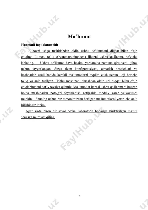 stlabki joyga ko'tariladi va keyin chap qo'lni bo'shating. namuna pichoqdan avtomatik ravishda olib tashlanadi. kesuvchi pichoq: 4.2 harakatlanuvchi pichoq bilan kesish; neylon taxtani mashinasining pastki poydevoriga qo'ying, namunani neylon taxtasiga qo'ying va keyin pichoqni namunaning to'g'ri joyiga qo'ying, uni plastinka markaziga o'rnating. chap tugmani chap qo'l bilan bosing va keyin o'ng tugmani o'ng qo'l bilan bosing. plastinka pastga siljiydi va pichoqni bosing, so'ngra namunani kesib oling. kesishni tugatgandan so'ng, o'ng qo'lni bo'shating, plastinka dastlabki joyga ko'tariladi va keyin chap qo'lni bo'shating. namunani pichoqdan qo'l bilan siljitish. eslatma: barcha kesuvchi pichoqlar standart konfiguratsiyaga kiritilmagan ixtiyoriy aksessuarlardir. 5. texnik xizmat ko`rsatish 1. kesishda pichoq pichog'i yuzasi neylon taxta yuzasiga parallel bo'lishiga ishonch hosil qiling. 2. kesish paytida, shikastlanmaslik uchun pichoq pichog'ini qattiq materiallarga tegizish mumkin emas. 3. agar uzoq vaqt davomida ishlatilmasa, pichoq zanglamasligi yog ' bilan ishlov berilishi kerak. 4. mashinadan oldin presslash havosi toza bo'lishi kerak. 5. ishlatilmaganda, mashinasini chang, …