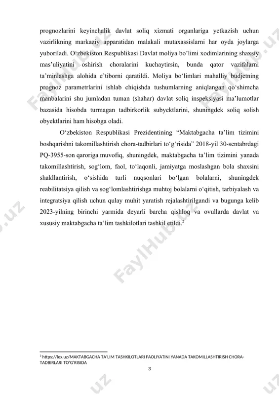 takomillashtirish chora-tadbirlari to‘g‘risida] 1. maktabgacha ta`lim muassasalari xarajatlarini moliyalashtirish mexanizmini o’rganish maktabgacha ta‘lim sohasi uzliksiz ta`limning ilk bo`g`ini hisoblanadi va butun ta‘lim-tarbiya tizimining asosiy maqsadi bo`lgan barkamol avlodni tarbiyalashga erishishda muhim ahamiyat kasb etadi. maktabgacha ta‘limning maqsadi – bolalarni maktabda ta‘lim olishga tayyorlash, sog`lom, har tomonlama yetuk, erkin shaxsni tarbiyalash, bolalarning qobiliyatini ochish, ularda o‘qishga, muntazam ta‘lim olishga havas uyg`otishdan iborat. maktabgacha ta‘lim bolalarda o`qishga havas uyg`otish, ularni tizimli ravishda o`qishga tayyorlash, sog`lom va barkamol shaxs bo`lib shakllanishiga xizmat qiladi. bu ta‘lim olti-etti yoshgacha oilada, bolalar bog`chasida va mulk shaklidan qat‘i nazar boshqa ta‘lim muassasalarida olib boriladi. o`zbekiston respublikasi prezidentining 2017-yil 30- sentabrdagi “maktabgacha ta‘lim tizimi boshqaruvini tubdan takomillashtirish chora-tadbirlari to`g`risida”gi pf-5198-sonli farmoni bilan uzluksiz ta‘lim tizimining muhim bo`g`ini bo`lgan maktabgacha ta‘lim tizimini yanada takomillashtirish, samarali davlat boshqaruvi tizimini yaratish, maktabgacha ta‘lim muassasalari davlat va nodavlat tarmog`ini kengaytirish, moddiy-texnika bazasini mustahkamlash, ularni malakali pedagog kadrlar bilan ta‘minlash, maktabgacha ta‘lim muassasalariga …