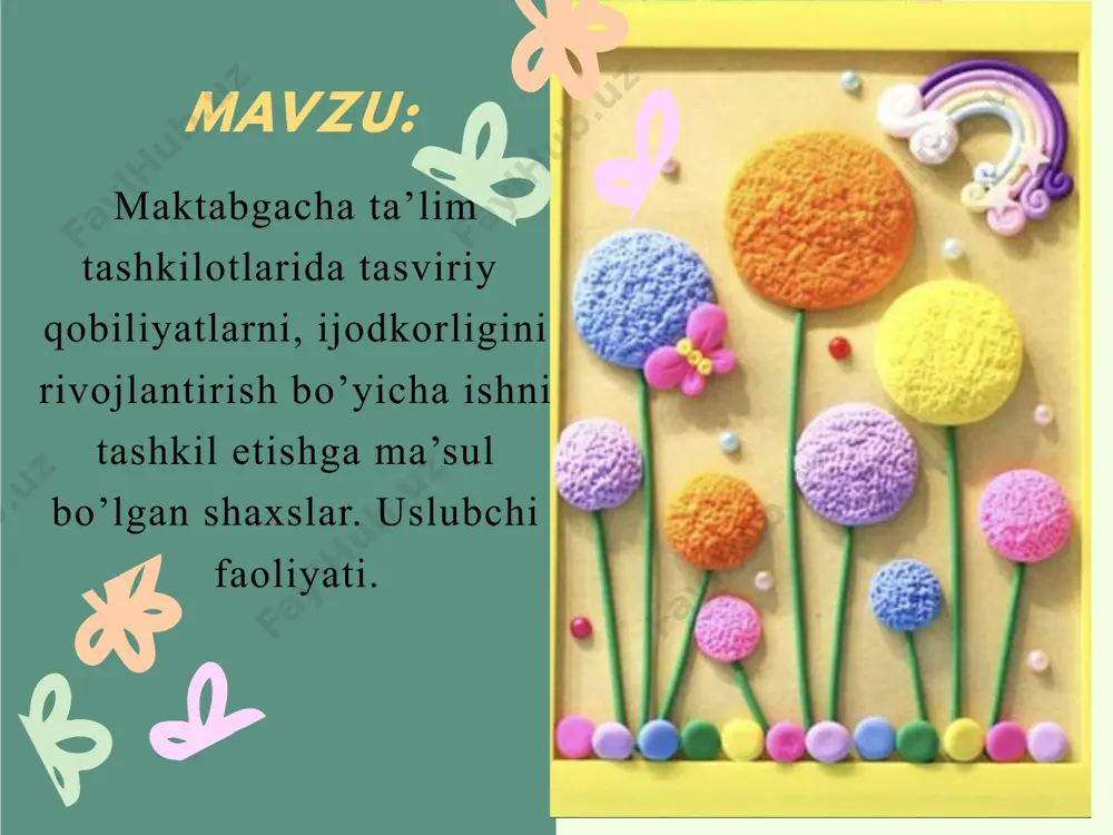 i; bolalarnnng yoshlariga muvofiq pedagogik qo’llanmalar va o’yinchoqlarni tanlaydi; ota-onalar o’rtasida pedagogik bilimlarni tashviqot qilishp kerak. uslubchi oliy pedagogik ma`lumotga (maktabgacha ta`lim bo’limi) ega bo’lgan yoki o’rta pedagogik (maktabgacha bo’limi) ma`lumotiga va kamida 3 yil pedagogik stajiga ega bo’lgan eng yaxshi tarbiyachilardan tayinlanadi. o’z hamkasblarining hurmatini qozonishi va ularga o’z vazifalarini muvaffaqiyatli bajarishlarida yordam berish uchun uslubchi qanday rahbarlik sifatlariga ega bo’lishi kerak? uslubchi faqat yaxshi nazariy tayyorgarlikkagina emas, balki bilimlarni amalda qo’llash ko’nikmasiga ham ega bo’lishi zarur. maktabgacha ta`lim muassasasisi (yasli - maktabgacha ta`lim muassasasi) tarbiyachi – uslubiyotchisi lavozimining malaka tavsiflari maktabgacha ta`lim muassasasisi (yasli - maktabgacha ta`lim muassasasi) tarbiyachi – uslubiyotchisi lavozimining majburiyatlariga quyidagilar kiradi: a) maktabgacha ta`lim muassasasisi (yasli - maktabgacha ta`lim muassasasi) jamoasi o’quv - tarbiyaviy faoliyatiga metodik uslubchilik qiladi, barcha yosh guruxlarida bolalarni tarbiyalash va o’qitish dasturlarining bajarilishini ta`minlaydi va nazorat qiladi, bevosita bolalar bilan ishlovchi tarbiyachilarga va tibbiy xamshiralarga zarur metodik yordam ko’rsatadi. b) …