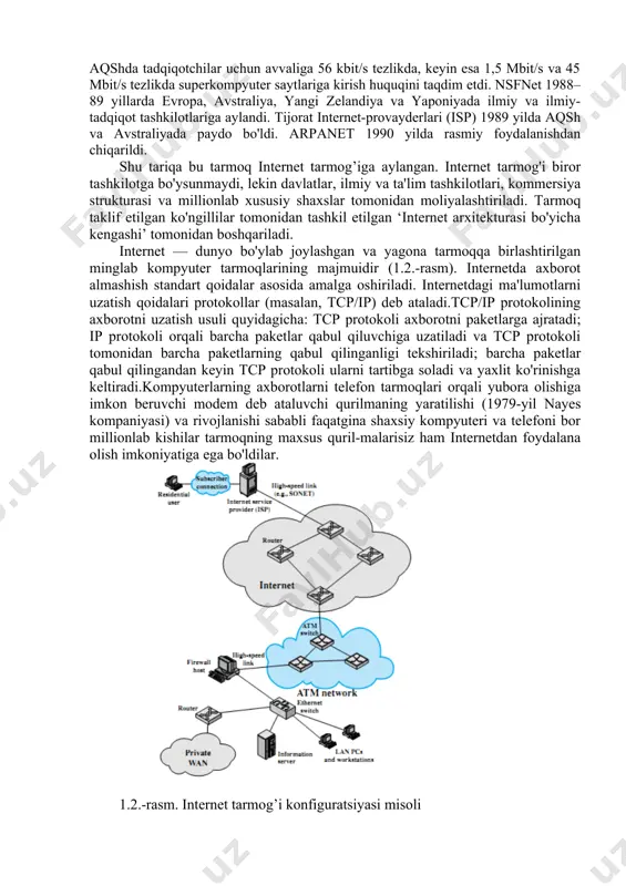 ya, 1969 yil 29 oktyabr) boshlandi. kelajakdagi o'sish belgisi sifatida 1971 yil oxirida o'n beshta sayt yosh arpanetga ulandi. arpanet uchun dastlabki xalqaro hamkorlik juda kam edi. 1973 yilda norvegiya seysmik array (norsar) bilan tanumdagi (shvetsiya) sun'iy yo'ldosh stantsiyasi orqali va london universitet kolleji qoshidagi piter kirshteynning ilmiy guruhiga britaniya akademik tarmoqlariga kirish uchun yo'l ochildi. arpa loyihalari va xalqaro ishchi guruhlari turli xil protokollar va standartlarni ishlab chiqishga olib keldi, ular yordamida bir nechta alohida tarmoqlar bitta tarmoq yoki "tarmoqlar tarmog'iga" aylanishi mumkin. 1974 yilda vint serf va bob kan internet atamasini rfc 675-da ishlatdilar, va keyinchalik rfc-lar ushbu foydalanishni takrorladilar. arpanet-ga kirish 1981 yilda milliy ilmiy jamg'arma (nsf) kompyuter ilmiy tarmog'ini (csnet) moliyalashtirganida kengaytirildi. 1982 yilda internet protocol suite (tcp / ip) standartlashtirildi, bu butun dunyo bo'ylab o'zaro bog'liq tarmoqlarning tarqalishiga imkon berdi. tcp / ip tarmog'iga kirish 1986 yilda yana bir bor kengaytirildi, chunki national science foundation …