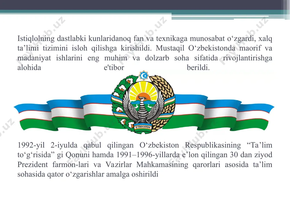 rish, maktablarni zamonaviy o‘quv-laboratoriya uskunalari va kompyuter texnikasi bilan jihozlash, darsliklar va o‘quv-uslubiy materiallar, pedagog kadrlar bilan ta’minlash, o‘qituvchilarni tayyorlash, qayta tayyorlash, malakasini oshirish, ularning mehnatini rag‘batlantirishni kuchaytirish tadbirlari aniq belgilab berildi. o‘zbekiston ta’lim muassasalarining yevropadagi ta’lim jamg‘armasi, germaniyadagi texnika hamkorlik tashkiloti, yaponiyadagi jayko xalqaro tashkiloti, koreyaning koyka agentligi, yunesko, jahon banki, tasis-tempus ochiq jamiyat instituti, aqsh, angliya, fransiya, yaponiya, daniya, xitoy, gollandiya oliy ta’lim vazirliklari bilan hamkorligi kengayib bormoqda. ta’lim ravnaqi uchun 150 mln. aqsh dollari hajmida chet el investitsiyalari jalb etildi. oliy o‘quv yurtlarining yuzlab professor-o‘qituvchilari “ustoz” jamg‘armasi yo‘llanmasi bilan xorijiy oliy o‘quv yurtlarida malaka oshirishda bo‘lib qaytdilar. mustaqil respublikamizda fan taraqqiyotiga katta e’tibor berilmoqda. o‘zbekiston respublikasi prezidentining 1992-yil 8-iyuldagi “ilm-fan va innovatsiya faoliyatini rivojlantirishni davlat tomonidan qo‘llab-quvvatlash to‘g‘risida”gi farmoni hamda vazirlar mahkamasining mazkur farmonning ijrosini ta’minlashga yo‘naltirilgan qarori ilm-fan taraqqiyotida muhim ahamiyatga ega bo‘ldi. o‘zbekiston respublikasi vazirlar mahkamasi 2004-yil 9-noyabrda 532-sonli “xorazm ma’mun akademiyasining 1000 yilligini nishonlash …