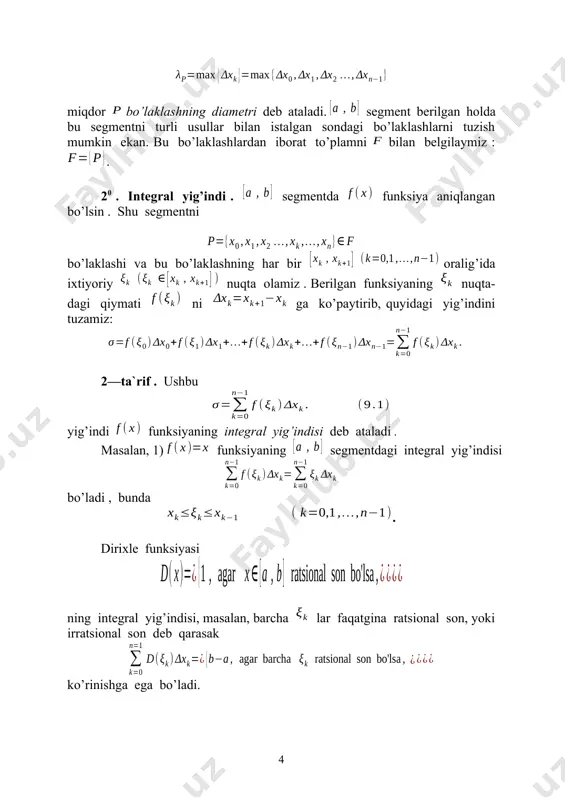 emak, . endi va yig’indilarni quyidagicha o’zgartirib yozib olamiz: agar ekanini e’tiborga olsak, u holda . demak, . bu munosabatdan tengsizlik kelib chiqadi. so’ngra uchun (bunda ) bo’lishidan da bo’lishini topamiz. demak, . bu esa ta’rifga ko’ra ekanini bildiradi. ► . segmentda dirixle funksiyasi uchun aniq integral mav-jud emasligi ko’rsatilsin. dirixle funksiyasi uchun integral yig’idini hususan quyidagicha bo’lishini ko’rgan edik: da yig’indi limitga ega emas. demak, dirixle funksi-yasi segmentda integrallanmaydi. odatda, yuqorida keltirilgan aniq integral riman integrali, integral yig’indini riman yig’indisi deyiladi. agar funksiya segmentda chegaralanmagan bo’lsa, u shu segmentda integrallanmaydi. darbu yig’indilari. funksiya oraliqda aniqlangan bo’lib, shu oraliqda chegaralangan bo’lsin: . oraliqda biror bo’laklashni olaylik. bu funksiyaning aniq chegaralari mavjud ixtiyoriy uchun bo’ladi. endi va sonlarni oraliqning uzunligi ga ko’paytirib quyidagi yig’inilarni tuzamiz. . ushbu yig’indilar mos ravishda darbuning quyi hamda yuqori yig’indilari deb ataladi. darbu yig’indilari, funksiyaga hamda p bo’laklashga bog’liq: va har doim bo’ladi. tengsizliklarni ga ko’paytirib …