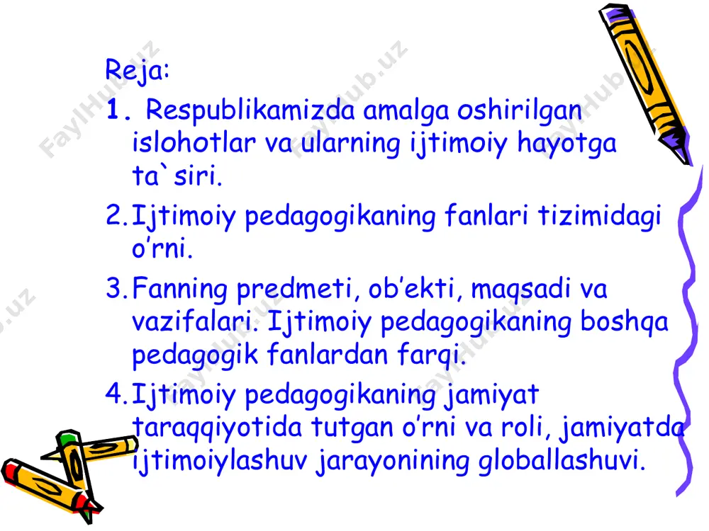 respublikasi prezidentining farmoni o’zbekiston respublikasini yanada rivojlantirish bo’yicha harakatlar strategiyasi. hozirgi vaqtda ijtimoiy pеdagogika faniga zaruriyat va uning ahamiyati. bugungi kunda ijtimoiy pedagogikaga qiziqish jamiyat taraqqiyotining ehtiyojlari va davlatning ijtimoiy buyurtmasi asosida paydo bo’ldi. hozirda respublika siyosiy, iqtisodiy, ta’lim va ma’rifiy-madaniy islohotlarni boshdan kechirmoqda. ijtimoiy tuzilmalarni insonparvarlashtirishning yangi tamoyillari, bozor iqtisodiyoti munosabati qonunlari, mafkuraviy va axloqiy tamoyillarning o’zgarishi ishsizlik, moddiy yetishmovchilik, bolalarning nazoratsizligi, oilalarning ajralib ketishi, g’ayri ijtimoiy xodisalar-alkogolizm, narkomaniya, jinoyatchilik, fohishalik kabi ijtimoiy muammolarni keskinlashuviga sabab bo’lmoqda. bu holatda birinchi navbatda bolalar, so’ngra esa kattalar ijtimoiy yordamga muxtojdirlar. bunday sharoitlarda jamiyatning ijtimoiy muammolariga bog’liq bo’lgan pedagogik masalalarni hal qiluvchi, uning ijtimoiylashuvi jarayonida shaxsga yordam beruvchi mutaxassis sifatida ijtimoiy pedagogga talab paydo bo’ladi. hayotdan umid uzgan, o`ziga ishonmaydigan, hayotiy muammolarni mustaqil hal eta olmaydigan shaxslar insoniy yordam, tushunish, uning qayg`usiga sherik bo’lishlarini kutadilar. o`z so`zi va faoliyati bilan shu kabi shaxslarda o`ziga ishonch uyg`otish, o`z imkoniyatlarini anglab yetishlariga yordam berish …
