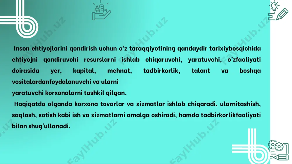 jismoniy shaxs tomonidan tuzilgan va boshqariladigantijoratchi tashkilot xususiy korxona deb e’tirof etiladi. xususiy korxona tadbirkorlik sub’ektla-rining tashkiliy-huquqiy shaklidir. xususiy korxona o’z mulkida alohida mol-mulkka ega bo’ladi, o’z nomidanmulkiy va shaxsiy nomulkiy huquqlarga ega bo’lishi hamda ularni amalga oshirishi,majburiyatlarni bajarishi, sudda da’vogar va javobgar bo’lishi mumkin.xususiy korxona o’z majburiyatlari bo’yicha o’ziga qarashli butun mol-mulkbilan javob beradi.xususiy korxona mulkdori korxonaning mol-mulki yetarli bo’lmagantaqdirda xususiy korxonaning majburiyatlari bo’yicha o’ziga qarashli mol-mulkbilan qonun hujjatlariga muvofiq subsidiar javobgar bo’ladi. “huquqiy shaxs huquqiga ega bo’lgan, mulkchilik huquqi yoki xo’jalikni to’la yuritish huquqi bo’yicha o’ziga qarashli mol-mulkdan foydalanish asosidamahsulot ishlab chiqaradigan va sotadigan yoki mahsulotni ayriboshlaydiganishlarni bajaradigan, xizmat ko’rsatadigan, bellashuv hamda mulkchilikning barchashakllari teng huquqligi sharoitida amaldagi qonunlarga muvofiq, o’z faoliyatiniro’yobga chiqaradigan mustaqil xo’jalik yurituvchi sub’ekt korxona hisoblanadi”. korxona huquqiy shaxs maqomiga ega bo’lish uchun quyidagi talablarga javob berishi kerak: birinchidan, faoliyat yuritish yoki boshqarish uchun birinchidan, mol-mulkiga ega bo’lishi; ikkinchidan, majburiyatlariga mol-mulki bilan javob berish; uchinchidan, …