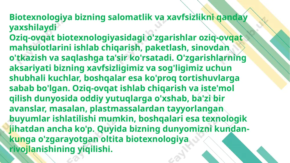 foydalaniladigan o'zgartirilgan gen ekspozitsiyasi bo'lgan o'simlikning bir misoli, ko'proq stearik kislota ishlab chiqarish uchun ishlab chiqarilgan (bir marta past) so'ya, bu esa moyning issiqlik stabilitesinin yaxshilanishi, trans - gidrogenlangan yog'li kislotalar. ushbu o'zgarish bilan vodorodlangan yog'lar vodorodli yog'lar kabi bir xil an'anaviy maqsadlarda ishlatilishi mumkin biotexnologiya qishloq xo'jaligi oziq-ovqat dnk chorvachilik tibbiyot kimyo o‘simliklar navbatini yaratishda dehqonchilik e'tiboringiz uchun rahmat! 13 image1.png image2.png image3.png image4.jpeg image5.jpeg image6.jpeg image7.jpeg image8.jpeg image9.jpeg image10.jpeg image11.jpeg image12.jpeg