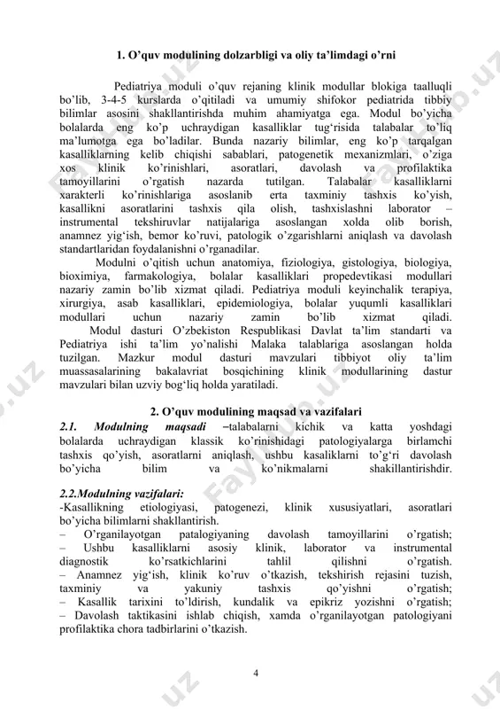 shni; - taxminiy va aniq tashxis ko’yishni; - aniq tashxis qo’yish maqsadida laborator va instrumental tekshirish rejasini tuzishni; - isbotlangan tibbiy usullarga asoslanib patologiyani to’g‘ri davolashni belgilashni; - yosh bolalarda uchraydigan patalogiyalarning profilaktikasini o’tkazish talab va tartiblari to’g‘risida bilishi va ulardan foydalana olishi kerak. - bemorlarda fizikal tekshiruv o’tkazish, bolalarda o’tkir va shoshilinch holatlar belgilarini aniqlash; - kerakli antropometrik (tana (bo’y) uzunligi, vazn va tvi) o’lchovlari va laborator-instrumental tekshiruvlarni buyurish hamda ularni natijalarini taxlil qilish; - davolash standartlarga asosan davolash rejasini tuzish va o’tkazish; - ko’p uchraydigan kasalliklarni profilaktikasini, jumladan xavfsiz va samarali vaksinasiya o’tkazish; - kasallikni belgilariga bog‘liq xolda, tasnifiy tashxis ko’yish; - funksional-diagnostik jixozlarning aloxida turlari bilan ishlash; - patogenetik va sindromlar bo’yicha davolash usullarini tuzish; - tor mutaxassislar maslahatiga yo’llashga ko’rsatmani aniklash; - ko’krak qafasining rentgenologik tekshiruv natijalarini sharhlash; - oqsil-energetik yetishmovchiligi darajasini aniqlash va korreksiya usullarini ko’llash ko’nikmalariga ega bo’lishi kerak. fanni o’qitishda zamonaviy axborot va …