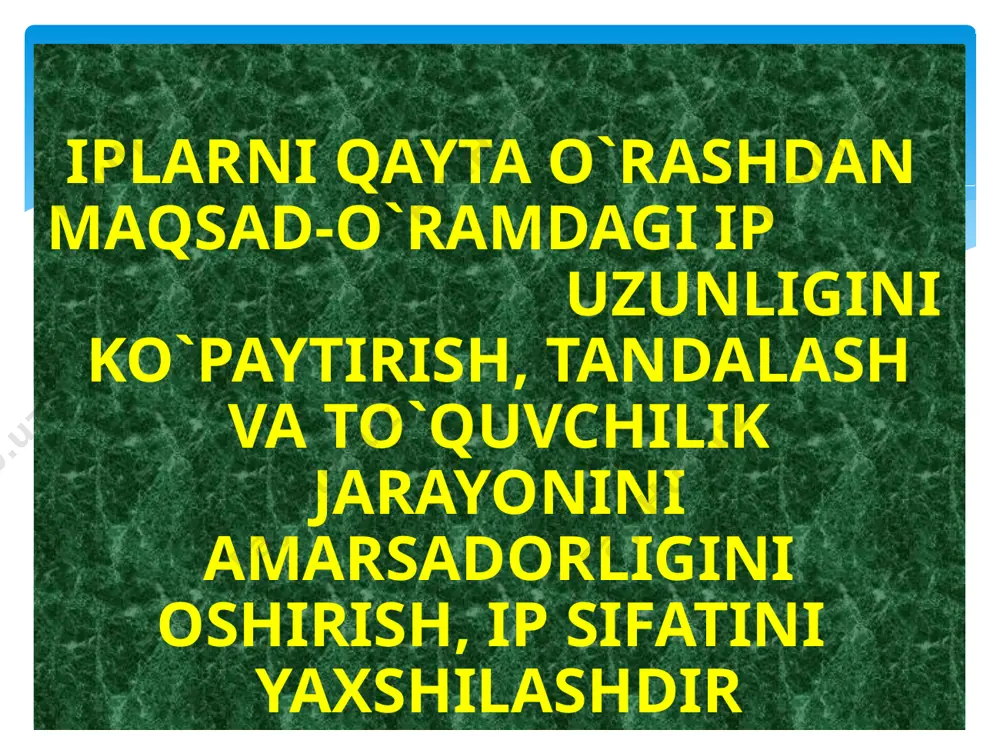 am valiga yoki barabanchaga ishqalanishi natijasida harakat oladi bu xil mashinalarga paxta,ip,jun, zig`ir iplar o`raladi. mashinalar ning ip organlari parallel o`rovchi mashinalarga o`xshashdir bu mashinalar kallavali mashinalar deyiladi birinchi mashina m-150 o`ram barabanchik diametri 90mm tezligi-1000m/min ikkinchi turdagi avtomatlarga kiradi. avtomat urchuqlar, ulovchi, konveyer va ventilyatsiyalari qurilmadan iborat. mashinaning markaziy qismi urchuklar uchun zanjir,zanjir yuritgichi, zanjir to`xtatgich, urchuqli el. dvigatellari uchun shinalar va ular boshqaruvi reversiruyushiy mexanizm. avtomat amk-150 e’tiboringiz uchun raxmat. image2.jpeg image3.jpeg image8.jpeg image5.jpeg /docprops/thumbnail.jpeg
