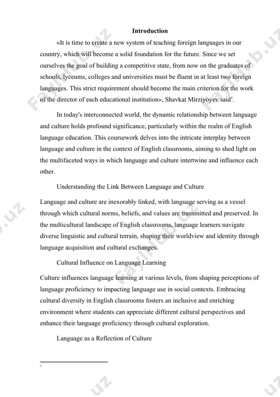 s culture, students can develop a broader perspective and enhance their language skills. the tasks of the paper we set ourselves the following tasks: · understanding cultural nuans · appreciating diversity · enhancing communication · fostering cross-cultural understanding the theoretical value of the work understanding that language is not just a means of communication, but also a reflection of cultural beliefs, values, and practices. by exploring how language shapes and is shaped by culture, individuals can gain insight into the complexities of human interaction, identity, and social dynamics. this interrelationship highlights the importance of cultural context in language use and interpretation, emphasizing the need for nuanced and respectful communication across diverse cultural contexts. ultimately, recognizing the interplay between language and culture can lead to a deeper appreciation of cultural diversity, foster cross-cultural understanding, and promote social harmony and cooperation in a globalized world. the practical value of the work the …