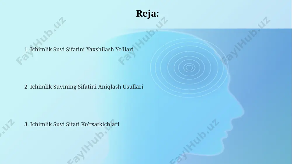 sullari suvning ph darajasini 6,5-8,5 oraligʻida saqlash uchun, mineralizatsiya darajasini tekshirib, kerak boʻlganda mineral qoʻshimchalar yoki filtrlash usullaridan foydalanish mumkin. suvda erigan ogʻir metallarning miqdorini kamaytirish uchun, ion almashinuvi texnologiyasiga asoslangan filtrlar yoki suvni yumshatish usullaridan foydalanish mumkin, bu suv sifatini sezilarli darajada yaxshilaydi. suvda mavjud boʻlgan bakteriyalar va mikroorganizmlarni yoʻq qilish uchun suvni 100°c da 1 daqiqa qaynatish yoki samarali suv tozalash filtrlaridan foydalanish tavsiya etiladi. fizikaviy ko'rsatkichlarni tahlil qilish suvning ph darajasi (6,5-8,5 oralig'ida bo'lishi kerak) va o'tkazuvchanligi (mikrosiemens/sm) suvning mineral tarkibini va uning elektr o'tkazuvchanligini ko'rsatadi. suvning rangini (pt-co shkalasi bo'yicha 5 dan oshmasligi kerak) va tiniqligini (turbidimetrik usulda 5 ntu dan oshmasligi kerak) aniqlash, suvning tashqi ko'rinishi to'g'risida dastlabki ma'lumot beradi. suvning hidini va ta'mini organoleptik usul bilan baholash, uning sifatiga ta'sir qiluvchi kimyoviy moddalar mavjudligini bilishga yordam beradi. 0-5 ball shkalasida baholanadi. biologik ifloslanishni aniqlash biologik ifloslanishni aniqlash uchun standart usullar, masalan, membranali filtrlash usuli …
