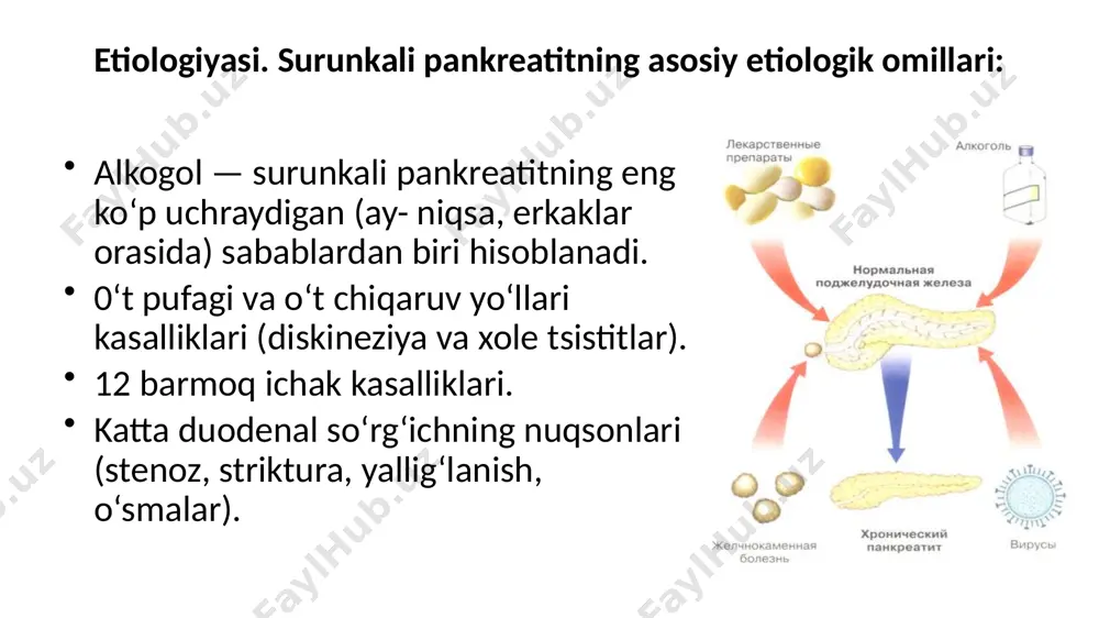 ngining to‘q bo'lishi; najasning rangsizlanishi; tana vaznining kamayishi; me’da osti bezi boshchasining kattalashishi (uttda). doimiy og‘riqli sindrom bilan kechuvchi surunkali pankrcatit — qorinning yuqori qismidagi doimiy og‘riqlar belga uzatilishi, ishtaha pasayishi, ozish, ich ketishi, meteorizm va me’da osti bezining katta­lashishi, qattiqlashishi bilan kechadi. surunkali pankreatitning sklerozlovchi shakli — ovqat qabul qil- gandan so‘ng kuchayuvchi qorinning yuqori qismidagi og'riqlar, ish­taha yomonlashuvi, ich ketishi, ozib ketish va me’da osti bezining inkretor va ekskretor faoliyatining buzilishi bilan kechadi. uttda me'da osti be­zining zichlashishi va o‘lchamlarining kichiklashishi kuzatiladi. surunkali pankreatitning og‘irlik darajalari: yengil kechishi: kasallikning avj olishi yiliga 1—2 marta, davomiy emas, tez o‘tib ketadi og‘riq sindromi o‘rtacha rivojlangan remissiya davrida bemoming umumiy ahvoli qoniqarli tana vaznining kamayishi kuzatilmaydi me’da osti bezining faoliyati buzilmagan koprologik tahlil me’yorda. 0‘rtacha ogir kechishi: kasallikning avj olishi yiliga 3—4 marta, tipik davomiy og‘riq sin­dromi bilan kechadi me’da osti bezining tashqi sekretor faoliyati buzilgan, pankreatik giperfermentemiya kuzatiladi koprologik tahlil …