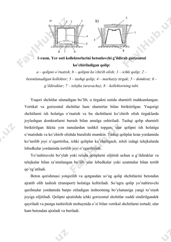 100mm modulda) hamda balandligi 1800...2200 mm bo’lgan inshootlarni betonlash mumkin. balandligi yon tomonda joylashgan teleskopik ko’taruvchi tirgaklar yordamida o’zgartiriladi. enini esa yon tomon sirtini markaziy tirgak bilan pastki rigel (to’sin)ga nisbatan surish orqali amalga oshiriladi. bu tirgak vintli domkrat bilan jihozlangan, u esa ichki qoliplarni ko’chirish (ajratish) yana uni ish holatiga o’rnatishga imkon yaratadi. g’gkqlarning gumbazsimon-qobiqli va ikki tomonlama egrili qobiqsimon konstruksiyalarni betonlashda qo’llaniladigan turlari ham bor. betonlanayotgan oralik(prolet)larning orasi 12...18 m. gacha, inshootning poldan orayopma tagigacha balandligi 5...7 m gacha yetishi mumkin. bir zveno inventar qolipining uzunligi 6 m ga ega, qamrov uzunligi bo’yicha talab qilingan ish maromiga ko’ra bir vaqtning o’zida 2...3 va undan ortiq bug’un qoliplar bo’lishi mumkin. g’gkqlarning baland va uzun o’lchamli devorlar yoxud tirgak devorlarni betonlashda qo’llaniladigan turlari ham mavjud (2-rasm). qolip shchitlari 8m gacha uzunlikda bo’lib, ular qo’zg’aladigan p-simon rama (portal)larga mahkamlangan. portalning 800 mm gacha qalinlikdagi har-xil devorlarni yaratishga imkoni bor. portalning yo’naltiruvchi …