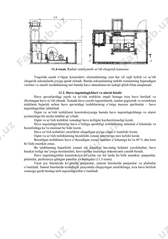 rni konstruksiyasiga hamda havo taqsimlagichlarga va ularni joylanishiga bir necha talablar qo’yiladi: oqim va so’rish teshiklar xonadagi havo tezligini kuchaytirmasligi kerak. havo taqsimlagichlarning havo o’tishiga qarshiligi teshiklarning minimal o’lchamida va bezatilishiga ko’ra minimal bo’lishi lozim. havo so’rish teshiklari zararliklar chiqadigan joyiga yaqin o’rnatilishi lozim. oqim va so’rish teshiklarning bezatilishi xonani interyeriga mos kelishi kerak. bezatilgan teshiklarni havo o’tkazadigan yuzasi standart o’lchamiga ko’ra 60 % dan kam bo’lishi mumkin emas. bu talablarning bajarilishi xonani ish zonadagi havoning holatini yaxshilashni, havo harakat tezligi me’yorga moslanishni, havo sarfini sozlashga imkoniyatni yaratib beradi. havo taqsimlagichlar konstruksiya bo’yicha xar hil turda bo’lishi mumkin: panjaralar, plafonlar, perforasiya qilingan panellar va boshqalar (11.5-rasm). turar joy binolarida ko’pincha panjaralar, jamoat binolarida panjaralar va plafonlar o’rnatiladi. sanoat binolarida texnologik jarayonida chiqayotgan zararliklarga, toza havo berilish zonasiga qarab boshqa turli taqsimlagichlar o’rnatiladi. 1) 2) 11.5-rasm. havo taqsimlagichlar 1-panjaralar; 2-plafonlar; a-havo berish uchun; b-havo so’rib chiqarish uchun 11.6 – rasm. plafonli …