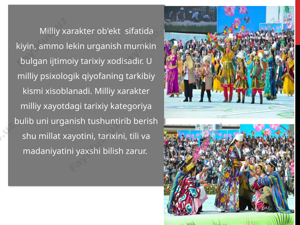 axorgi suv toshkinlari yoki suvsizlik va kurgokchilik azoblari kiynagan. bobo dexkon ogir,mashakkatli mexnat kilib, peshona terisi bilan uz erini sugorib, xosil olishga, bog-roglar yaratishga urgangan. suv paygambar, er avliyo bulgan usha davrlarda dexkon saratonning jazirama issigi-yu, kuzning sovuk izgirinlarini pisand kilmay, xar bir karich erni zur mexr kuyib ishlagan. xar bir guza tupini e'zozlab parvarish kilgan, xar bir daraxtni kuz korachigiday saklagan. mana shularning xammasi avloddan-avlodga utib, ulardan mashakkatli mexnat kilish odatiy aylanib, zaxmatkashlik, ogir sharoitlarda xam ruxi tushmasdan ishlay olishlik, dov-daraxtlarni sevishlik, ob-xayot manbai - suvni e'zozlash kabi xususiyatlar uzbek xalkiga xos xarakter xislati bulib kolgan. bu misollardan kurinib turibdiki, xar bir millatning mexnatsevarligi, ular bevosita shugullanadigan mexnat turlarida tula namoyobuladin buladi. shuning uchun kozok xalkini dexkonchilik bilan bevosita shugullanmaganligi uchun dangasa, deya olmaymiz. aksincha, uzbeklarning chorvachilikdagi nisbatan "ukuvsizlik" uchun ularni xam mexnatsevar emas, deb bulmaydi. milliy xarakterni mutloklashtirib yuborish, albatta, notugri. boshka xalklarda va millatlarda uchramaydigan, fakat bir …