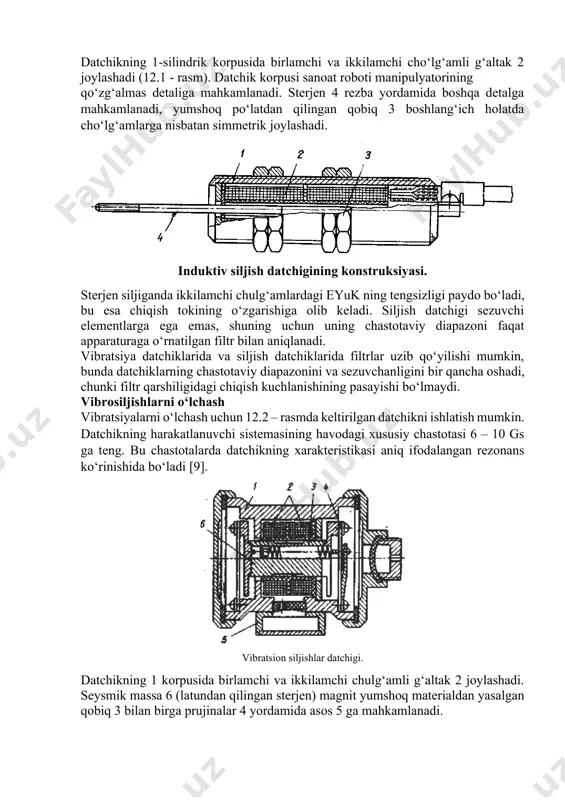 bo‘yicha robotning ishchi mexanizmlarini bir necha marotaba harakatlarga keltirib, turli diapazonda tekshirib ko‘riladi. test – programma shunday tuzilganki, sinov o‘tkazish ishida robot mexanizmlari va qurilmalarining barchasi ishtirok etadi. robotlarni tekshirish tajribasi shuni ko‘rsatadiki, test – programma bo‘yicha robotning uzluksiz ishlashi 16 soatdan kam bo‘lmasiligi kerak. ishonchlilik bo‘yicha xulosa robotning ishdan chiqib qolishi va ishchi organlarning boshlang‘ich holatga bir tekisda kelishiga qarab chiqariladi. sanoat roboti parametrlarini nazorat qilish apparaturasi va vositalari elementlari sanoat roboti asosiy xarakteristikalarini aniqlash uchun ijro va ishchi zvenolarning quyidagi parametrlarini qayd qilish kerak: robotning tezliklari, tezlanishlari, siljishlari, tebranishlarning amplituda va chastotasi. bunda robot qo‘lining siljish uzunligi va burilish burchagi, robot qisqichida buyum massasi hisobga olinadi. undan tashqari, pasport ma’lumotlariga mos ravishda transportirovka siljishlarining tezliklari rostlanadi. robotning hamma koordinatalar bo‘yicha ishchi organini harakatga keltirgan holda parametrlar qayd qilinadi. yuqorida keltirilgan parametrlarni nazorat va qayd qilish uchun vibroo‘lchash apparaturalari komplektini ishlatish mumkin. apparatura komplektini yoki ayrim asbobni tanlashda o‘lchash …