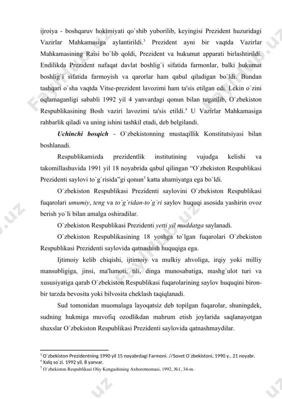 bo`yicha saylovoldi kompaniyasida va ovoz berishda ixtiyoriy ravishda qatnashadilar. o`zbekiston respublikasi prezidenti saylovi bo`yicha ovoz berish yashirin bo`lib, fuqarolar tomonidan bevosita amalga oshiriladi. fuqarolarning xohish-iroda bildirishlari ustidan nazorat etilishiga yo`l qo`yilmaydi. o`zbekiston respublikasining har bir fuqarosi bitta ovozga ega. o`zbekiston respublikasi prezidenti saylovini o`tkazishni o`zbekiston respublikasi markaziy saylov komissiyasi, okrug va uchastka saylov komissiyalari ta'minlaydi. o`zbekiston respublikasi prezidenti sayloviga tayyorgarlik ko`rish hamda uni o`tkazishni saylov komissiyalari ochiq va oshkora amalga oshiradilar. saylovga tayyorgarlik ko`rish va uni o`tkazishga doir barcha tadbirlarda, shuningdek, har bir saylov uchastkasida saylov kuni ovoz berish xonalarida va ovozlarni sanab chiqishda o`zbekiston respublikasi prezidentligiga nomzodlar ko`rsatgan siyosiy partiyalardan, saylovchilar tashabbuskor guruhlaridan bittadan kuzatuvchi, matbuot, televideniye va radio vakillari, boshqa davlatlar, xalqaro tashkilotlar va harakatlardan kuzatuvchilar qatnashish huquqiga egadirlar. o`zbekiston respublikasi prezidenti sayloviga tayyorgarlik ko`rish va uni o`tkazish bilan bog`liq xarajatlar o`zbekiston respublikasining davlat mablag`lari hisobidan amalga oshiriladi. o`zbekiston respublikasi prezidentligiga nomzodlarni boshqa mablag`lar hisobidan moliyaviy ta'minlash va …