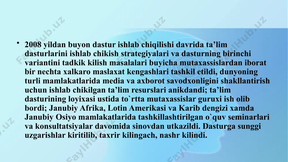 qida bilim olish (o‘qitish media-texnologiyasi); 2. mediamatnlarni qabul qilishni rivojlantirish «o‘qish, anglash, tasavvurni faollashtirish, xotirani rivojlantirish, fikrni turli usullarini rivojlantirish» (kritik, ijodiy, intuitv hamda obraz yaratish). media-ta’lim faoliyatini olib borish uchun ma’lum bir profissional bilim ko‘nikma va ko‘rsatgichlariga ega bo‘lish lozim: • maxsus yo‘naltirilgan mediata’lim soha¬sida nazariy bilimlar hamda eng so‘nggi axborotlarga ega bo‘lish darajasi; motivatsiyalashgan ko‘rsatgich. masalan, ta’lim jarayoniga: • aqliy; • visual; • sensor; • audio bo‘lgan faoliyat; • tezkor media-ta’lim sohasida metodik ko‘nikmalarini darajasi, masalan, media-manbalarni va ulardagi axborotlarni ijodiy yondashish orqali qabul qilish. ularning kelib chiqish sabablarini sharoitlarini va harakatini o‘rganib tahlil etish tashviqotchilik harakatini olib borish va optimal natijani tallash. kreativ (ijodiy media-ta’lim faoliyatidagi ijodiy fikrlash darajasi) (mobillilik, kommunikativlik, o‘ziga xoslik, tasavvurni rivojlantirish fantaziya kabi xususiyatlarga ega bo‘lish). dunyoda media-ta’limini ahamiyati turli xalqaro tashkilotlar unesko tashkilotining rezolyutsiya hamda tavsiyalarida media-ta’lim muhumligi alohida ta’kidlanib, media-ta’lim rivojlanishini qo‘llab-quvvatlagan (mediaeducation barcha turlari elektron, bosma, grafik, media va boshqalar) …